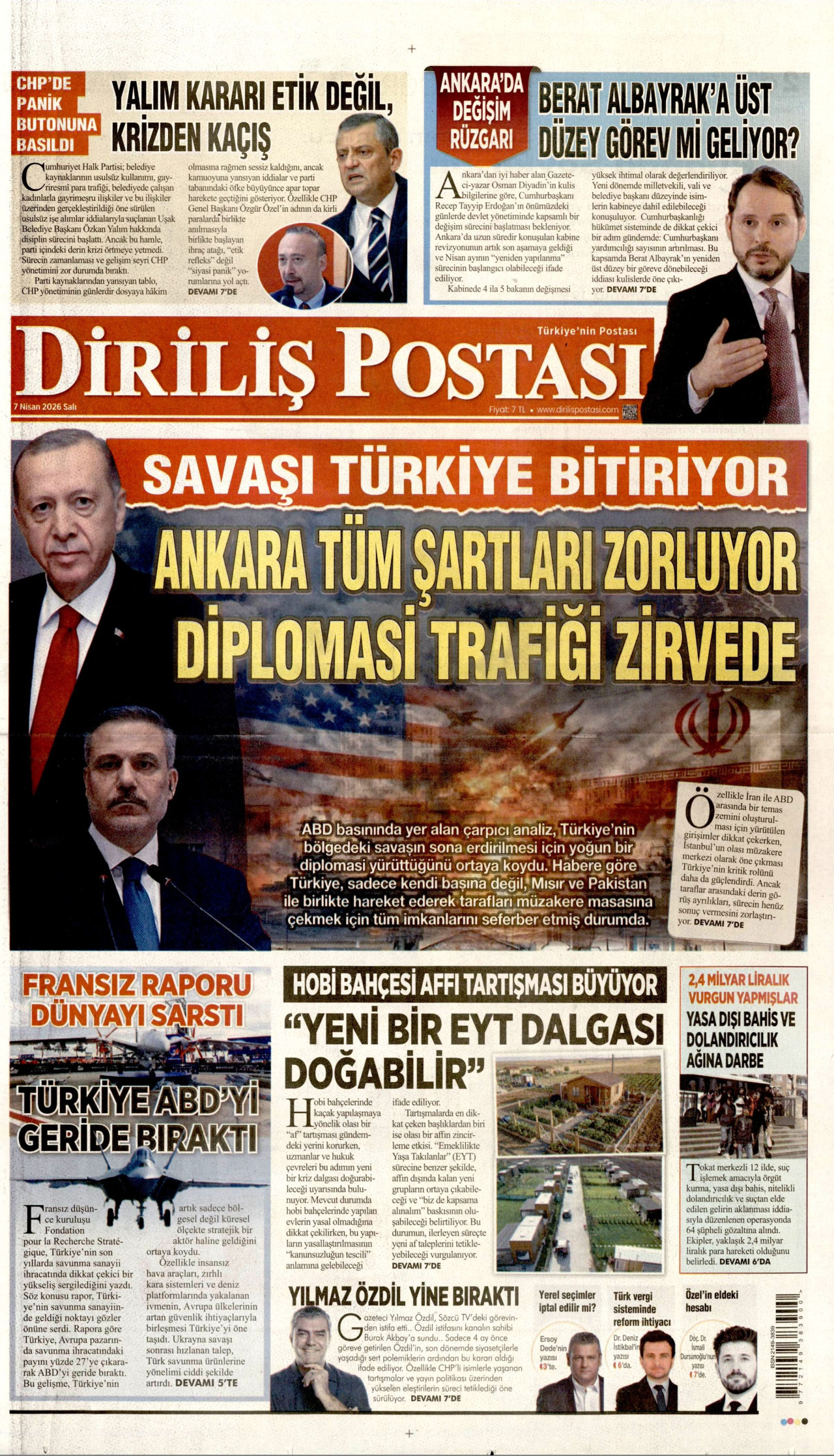 DİRİLİŞ POSTASI gazetesinin 7 Nisan 2026 tarihli birinci sayfası