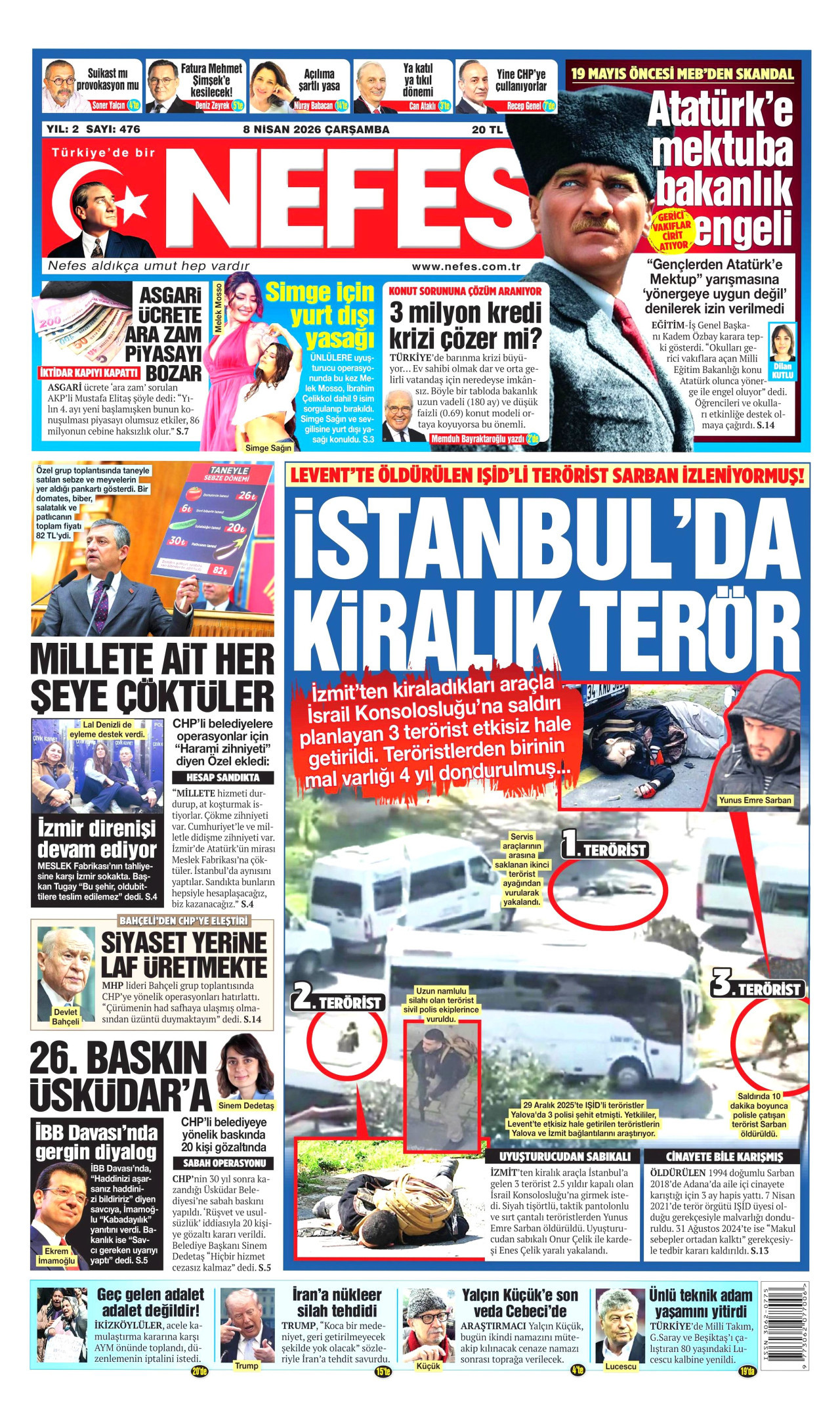 NEFES gazetesinin 8 Nisan 2026 tarihli birinci sayfası