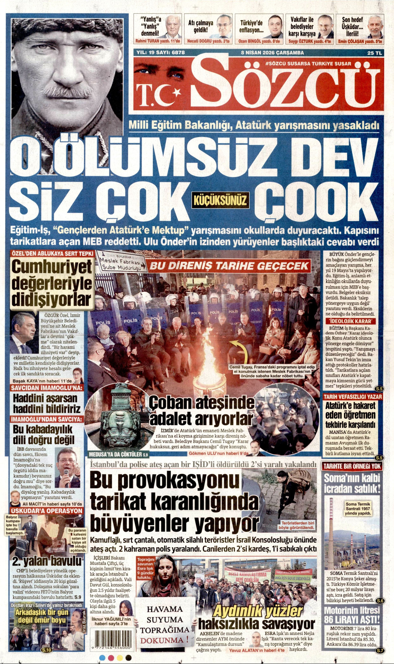 SÖZCÜ gazetesinin 8 Nisan 2026 tarihli birinci sayfası