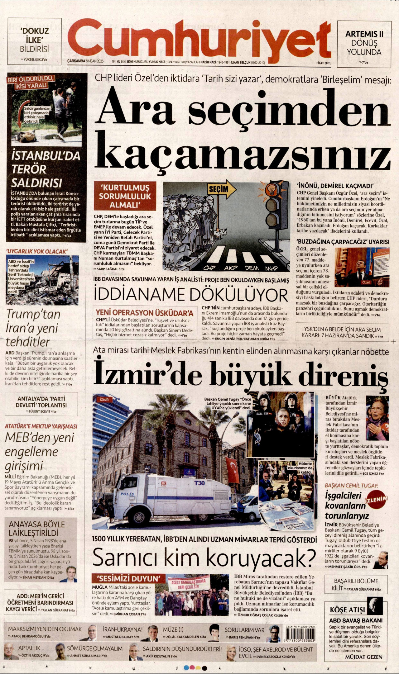 CUMHURİYET gazetesinin 8 Nisan 2026 tarihli birinci sayfası