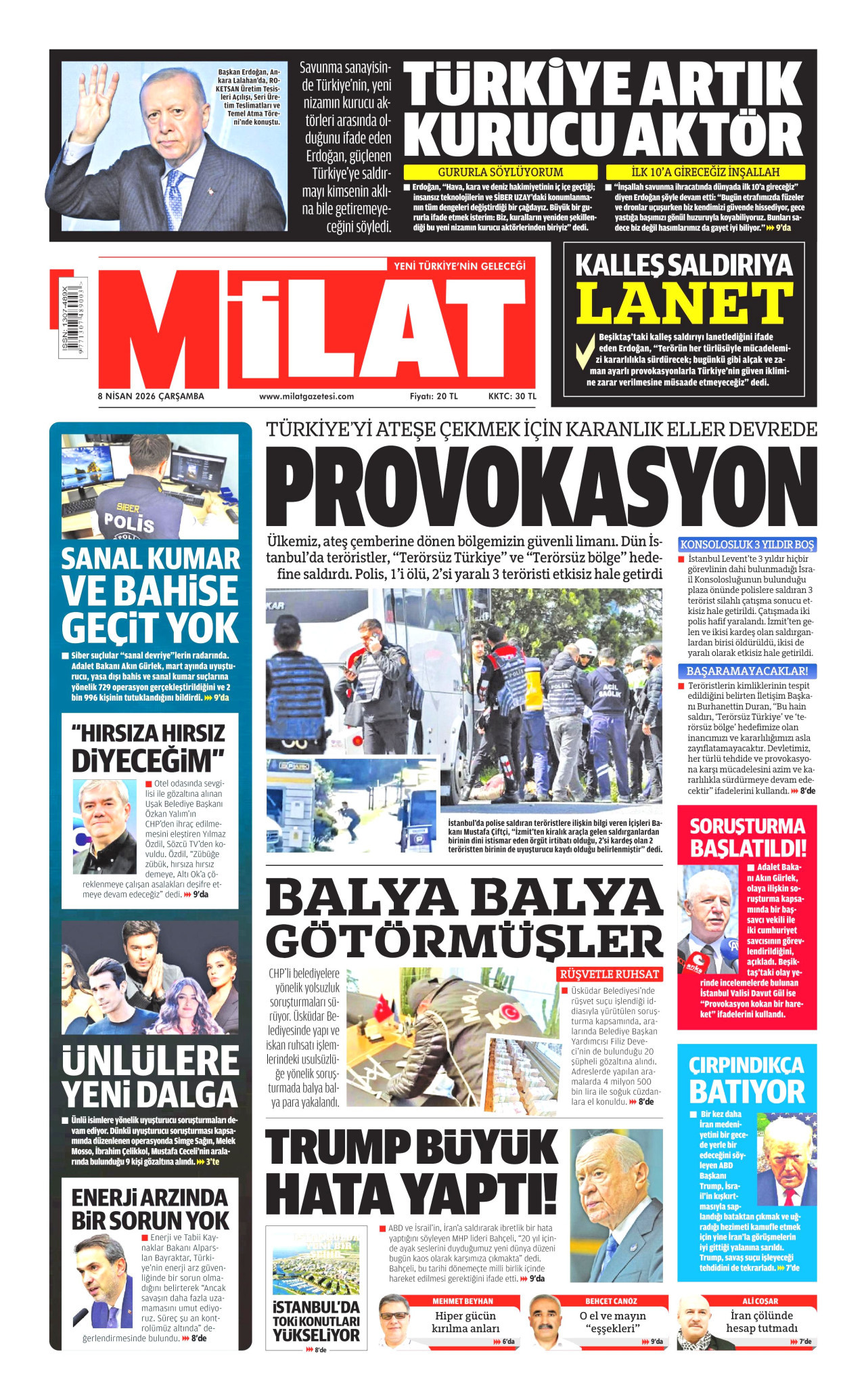 MİLAT gazetesinin 8 Nisan 2026 tarihli birinci sayfası