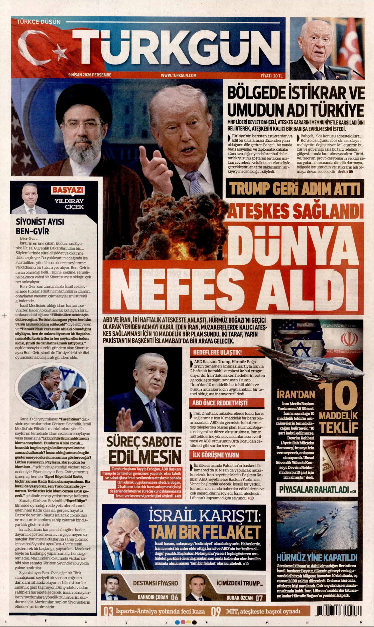 TÜRKGÜN gazetesinin 9 Nisan 2026 tarihli birinci sayfası