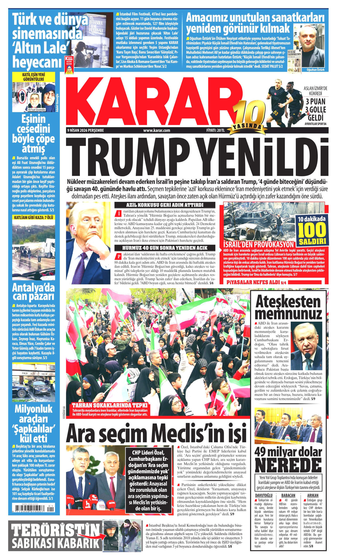 KARAR gazetesinin 9 Nisan 2026 tarihli birinci sayfası