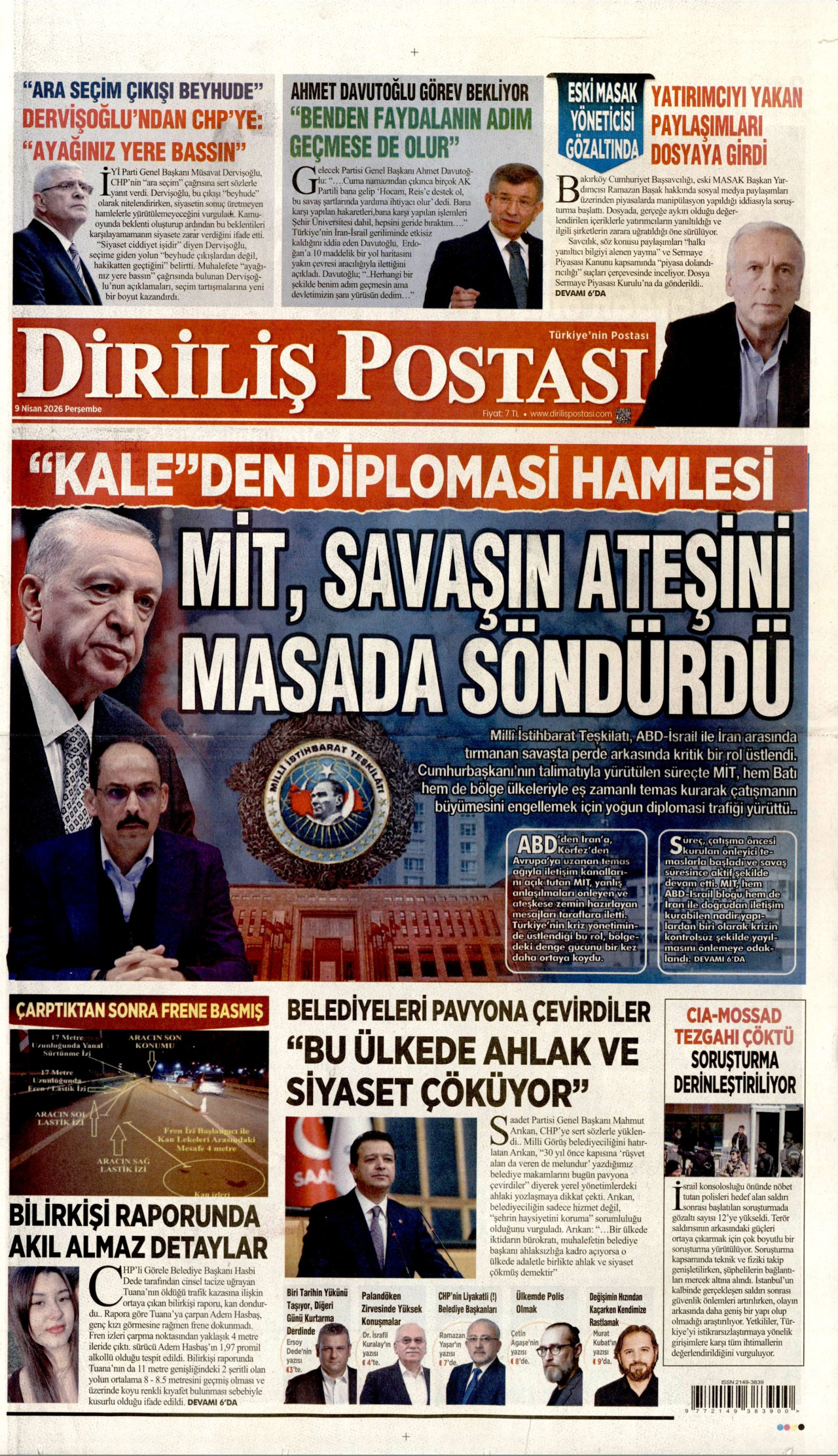 DİRİLİŞ POSTASI gazetesinin 9 Nisan 2026 tarihli birinci sayfası