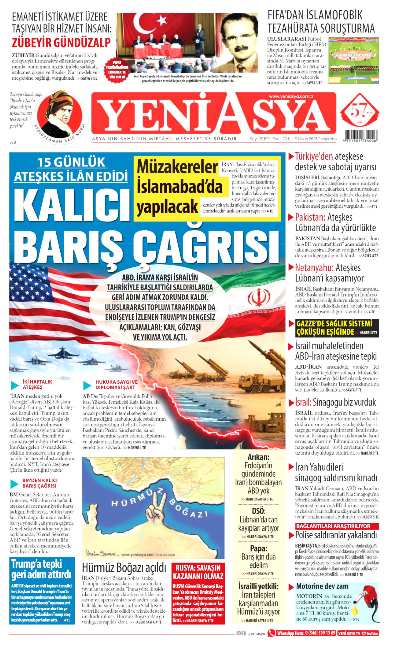 YENİ ASYA gazetesinin 9 Nisan 2026 tarihli birinci sayfası