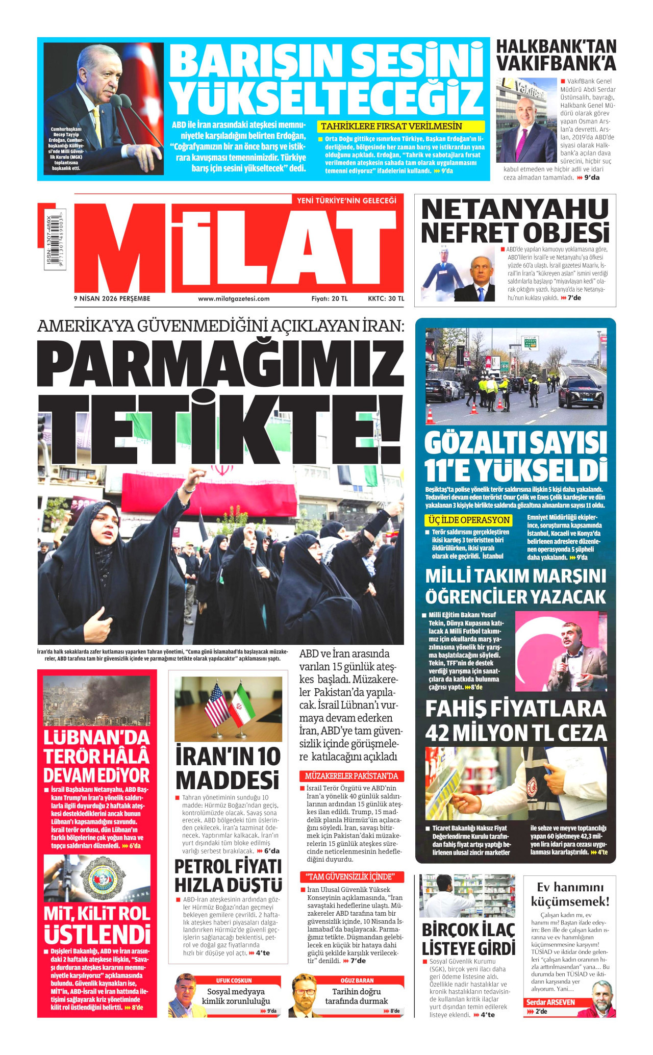 MİLAT gazetesinin 9 Nisan 2026 tarihli birinci sayfası