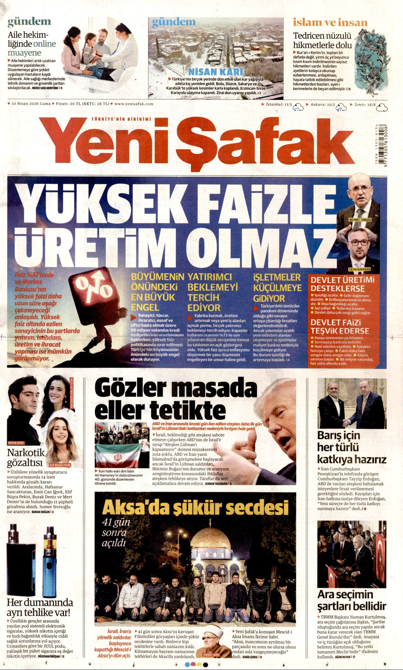 YENİ ŞAFAK gazetesinin 10 Nisan 2026 tarihli birinci sayfası