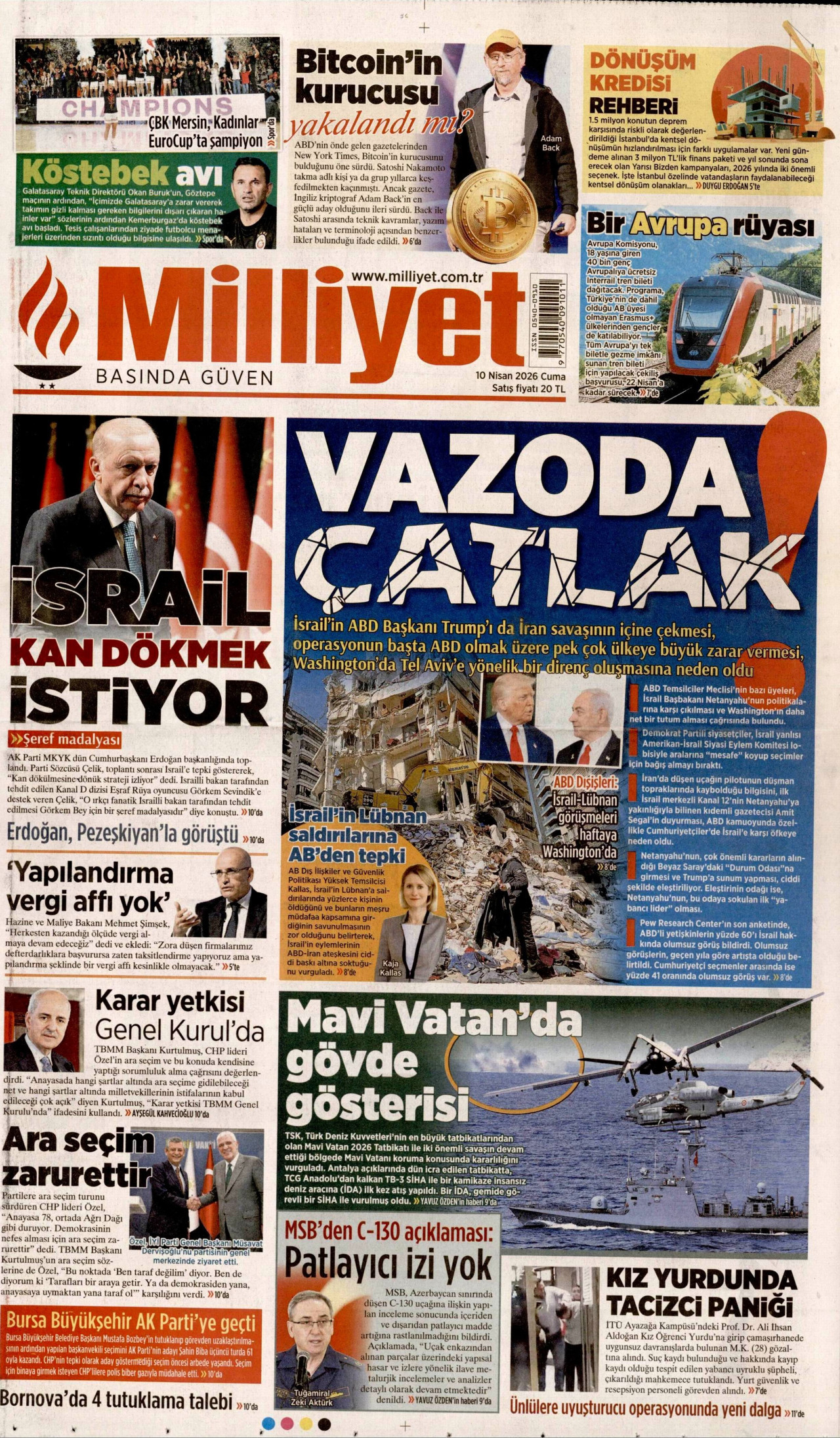 MİLLİYET gazetesinin 10 Nisan 2026 tarihli birinci sayfası