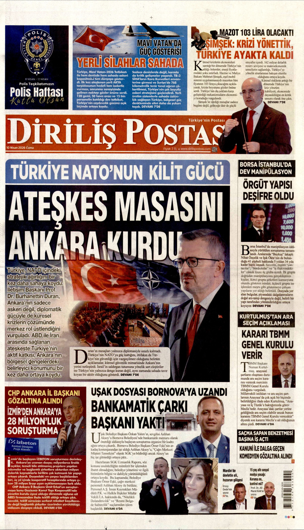 DİRİLİŞ POSTASI gazetesinin 10 Nisan 2026 tarihli birinci sayfası