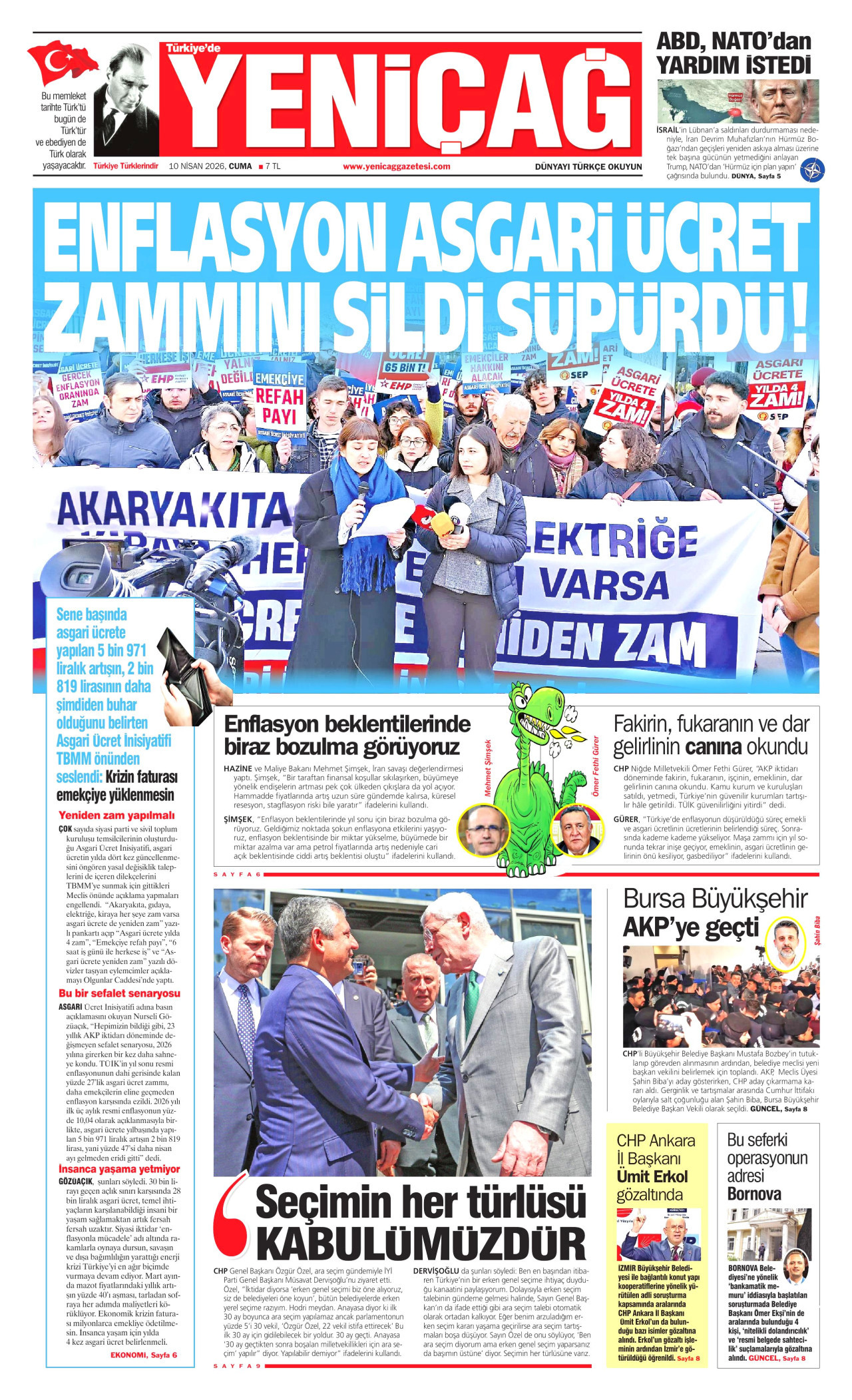 YENİÇAĞ gazetesinin 10 Nisan 2026 tarihli birinci sayfası