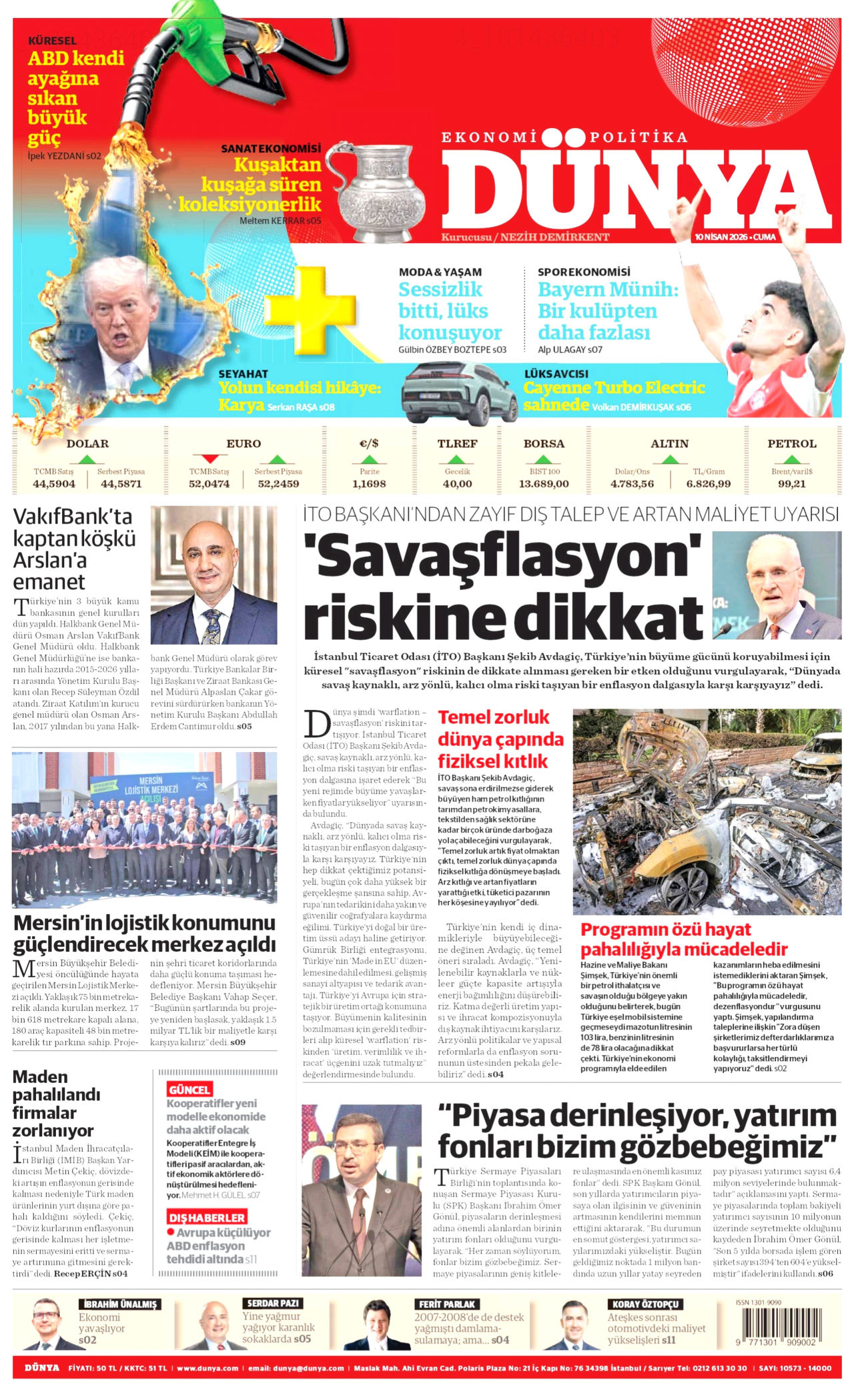 DÜNYA gazetesinin 10 Nisan 2026 tarihli birinci sayfası