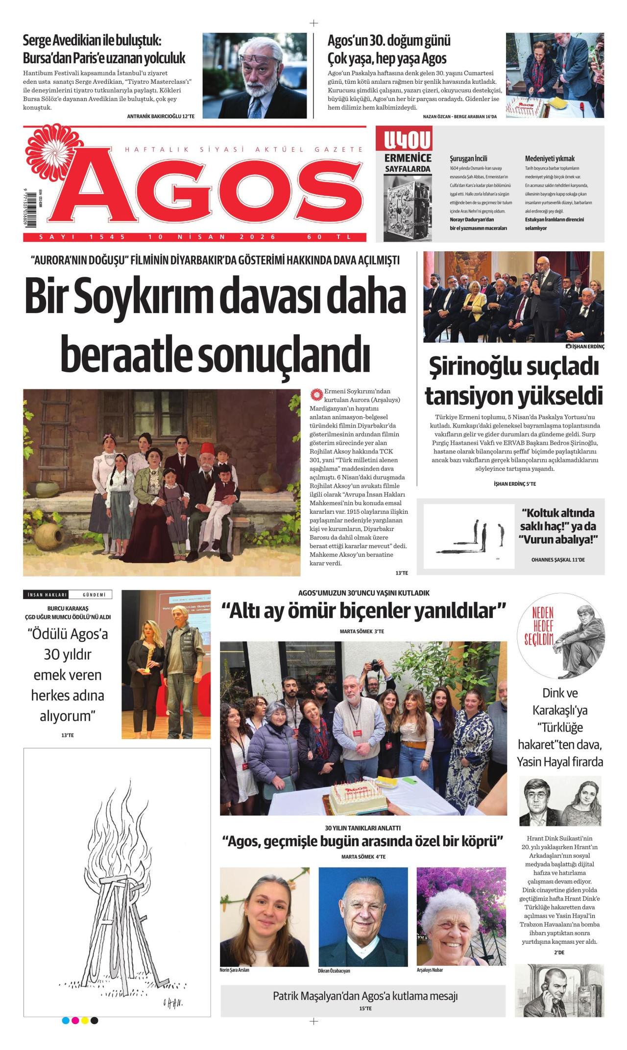 AGOS gazetesinin 10 Nisan 2026 tarihli birinci sayfası
