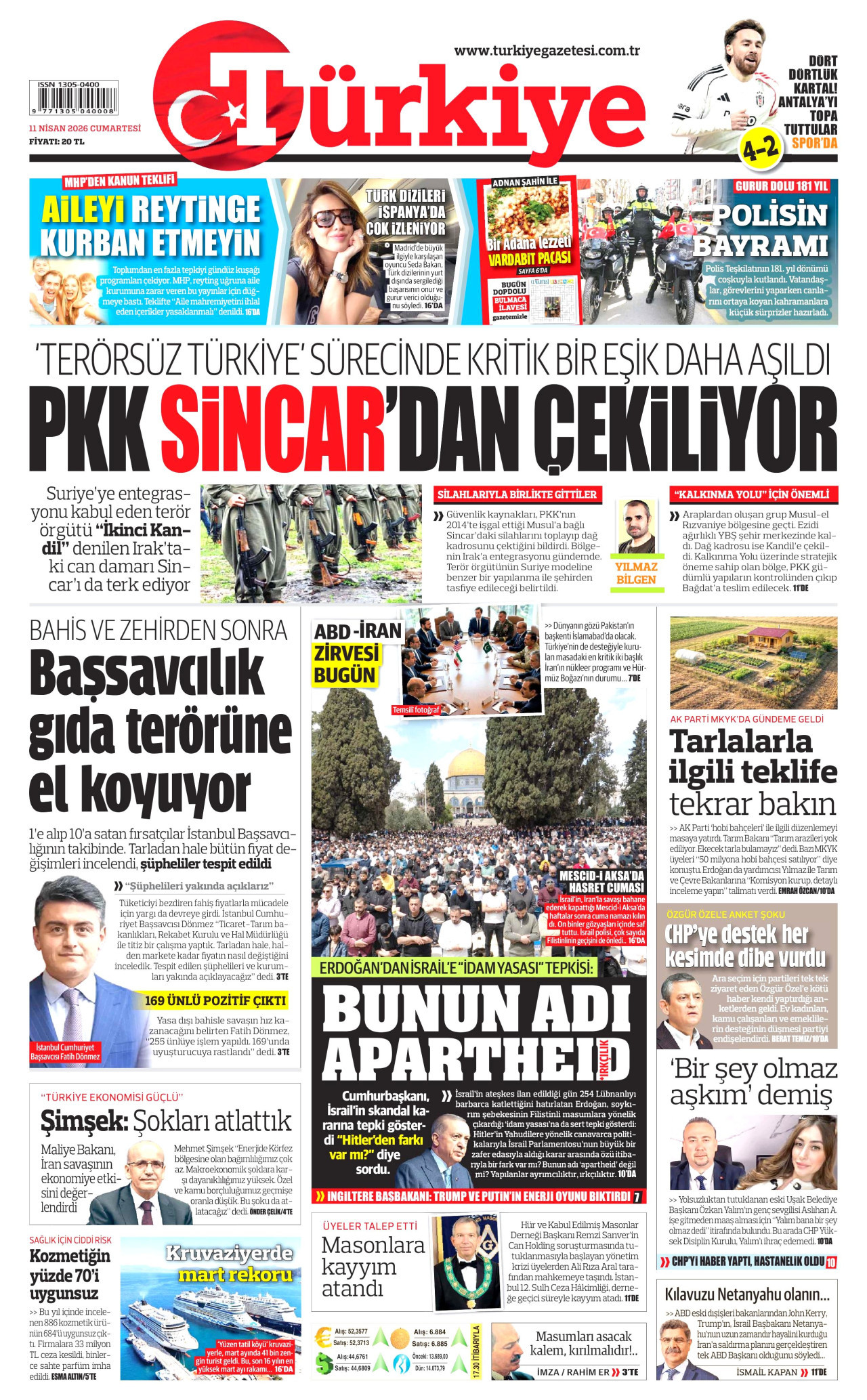 TÜRKİYE GAZETESİ gazetesinin 11 Nisan 2026 tarihli birinci sayfası