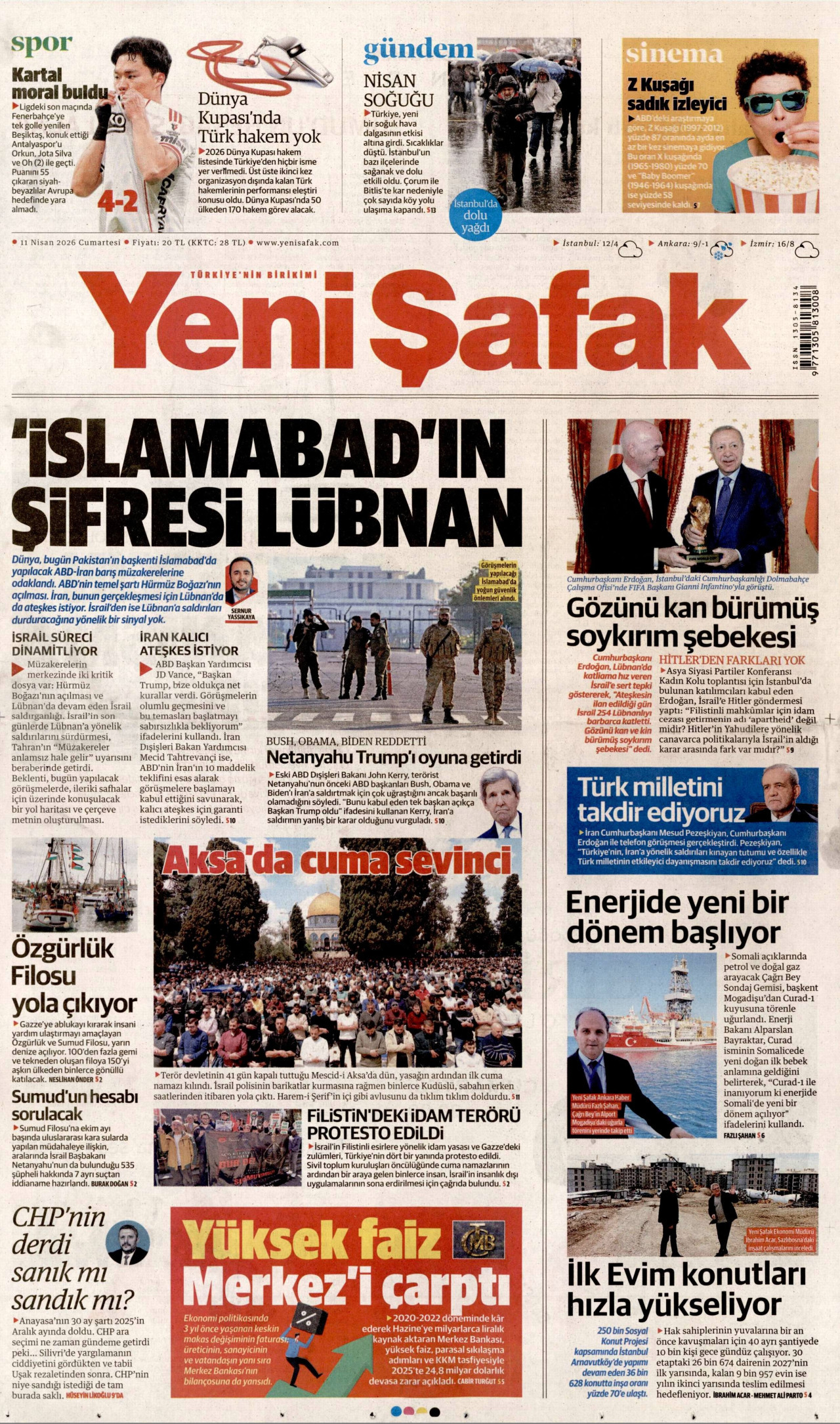 YENİ ŞAFAK gazetesinin 11 Nisan 2026 tarihli birinci sayfası