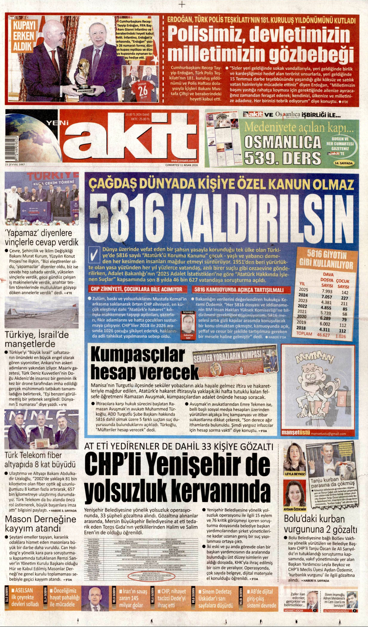 YENİ AKİT gazetesinin 11 Nisan 2026 tarihli birinci sayfası