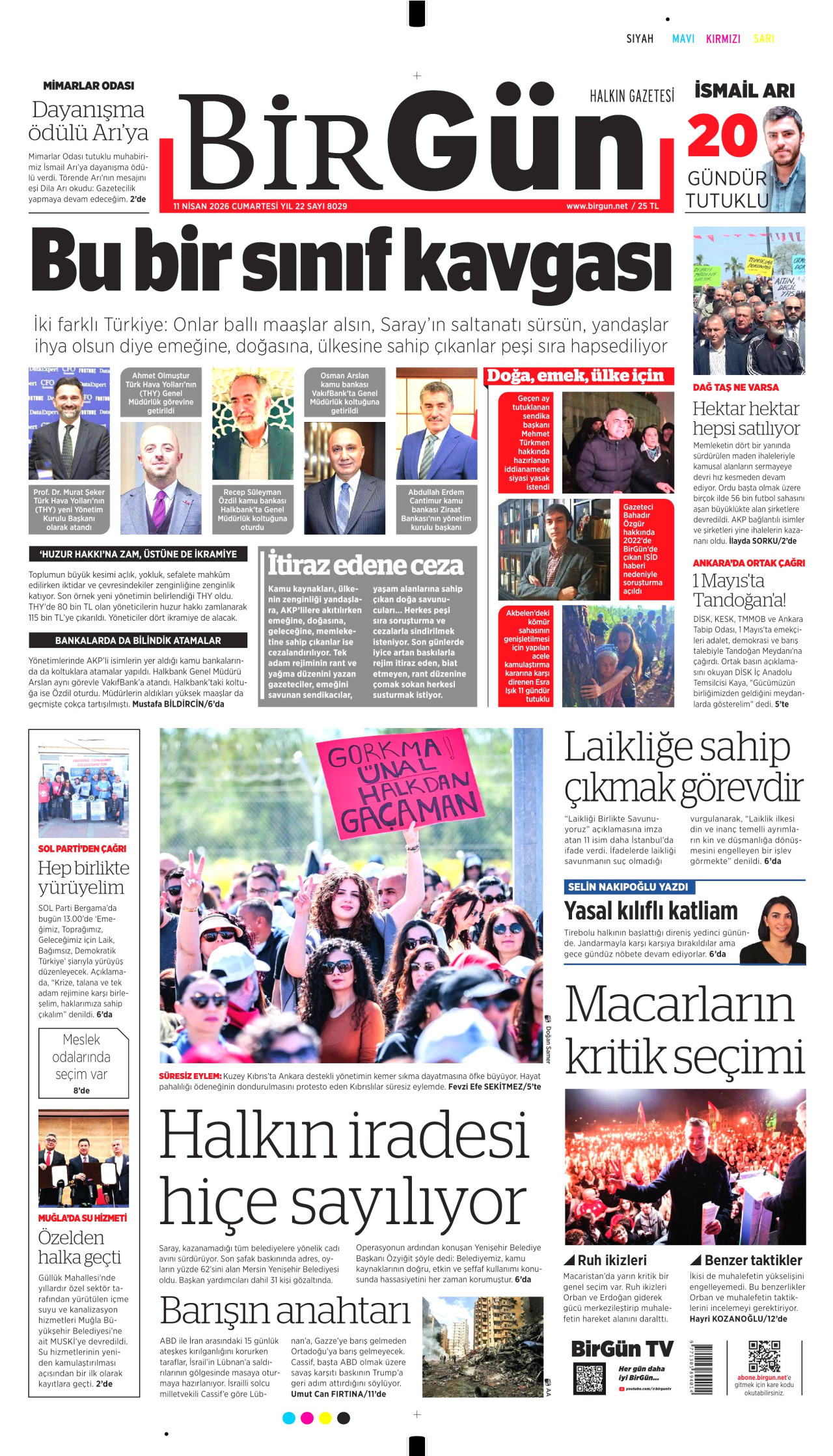 BİRGÜN gazetesinin 11 Nisan 2026 tarihli birinci sayfası