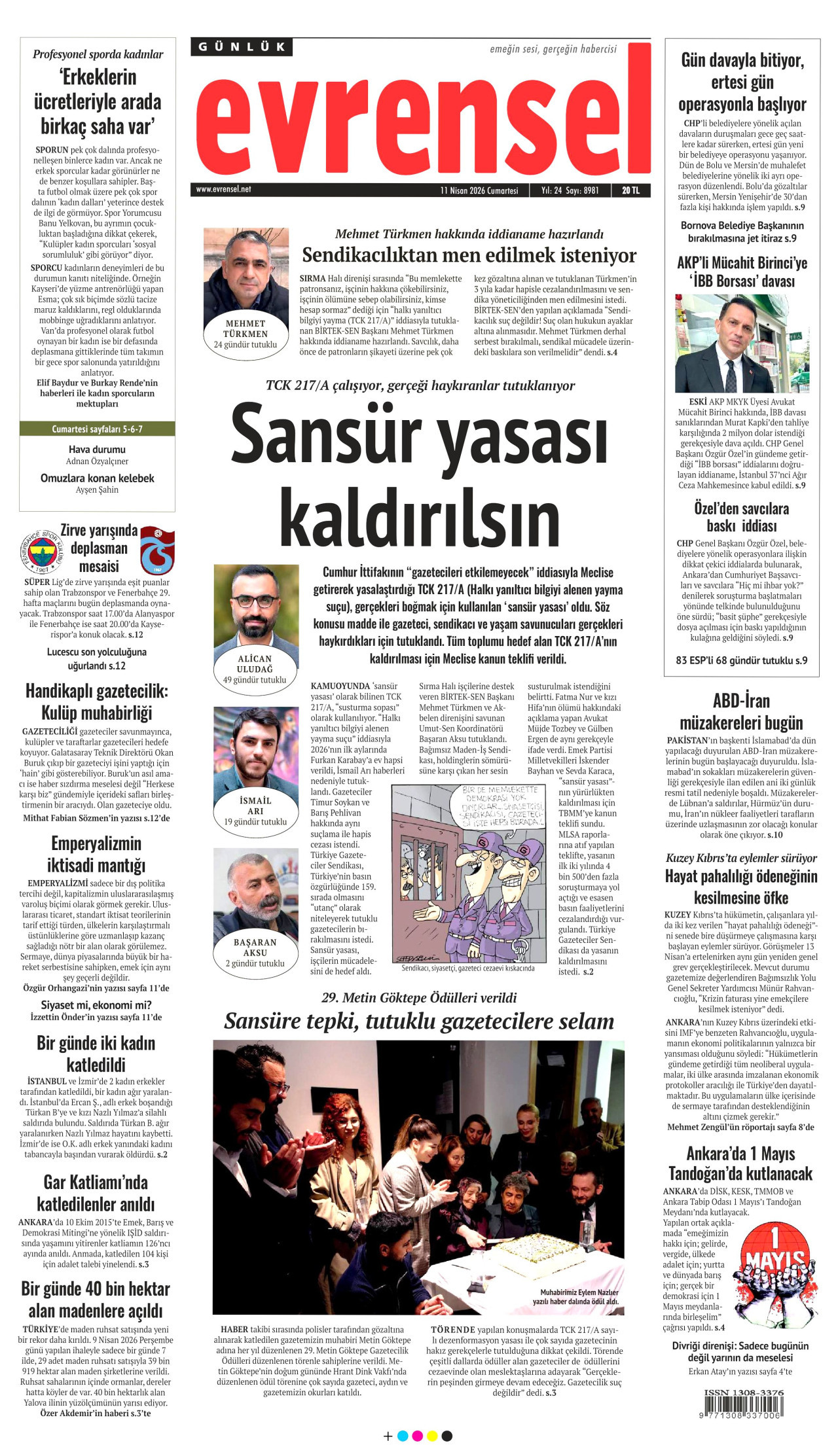 EVRENSEL gazetesinin 11 Nisan 2026 tarihli birinci sayfası