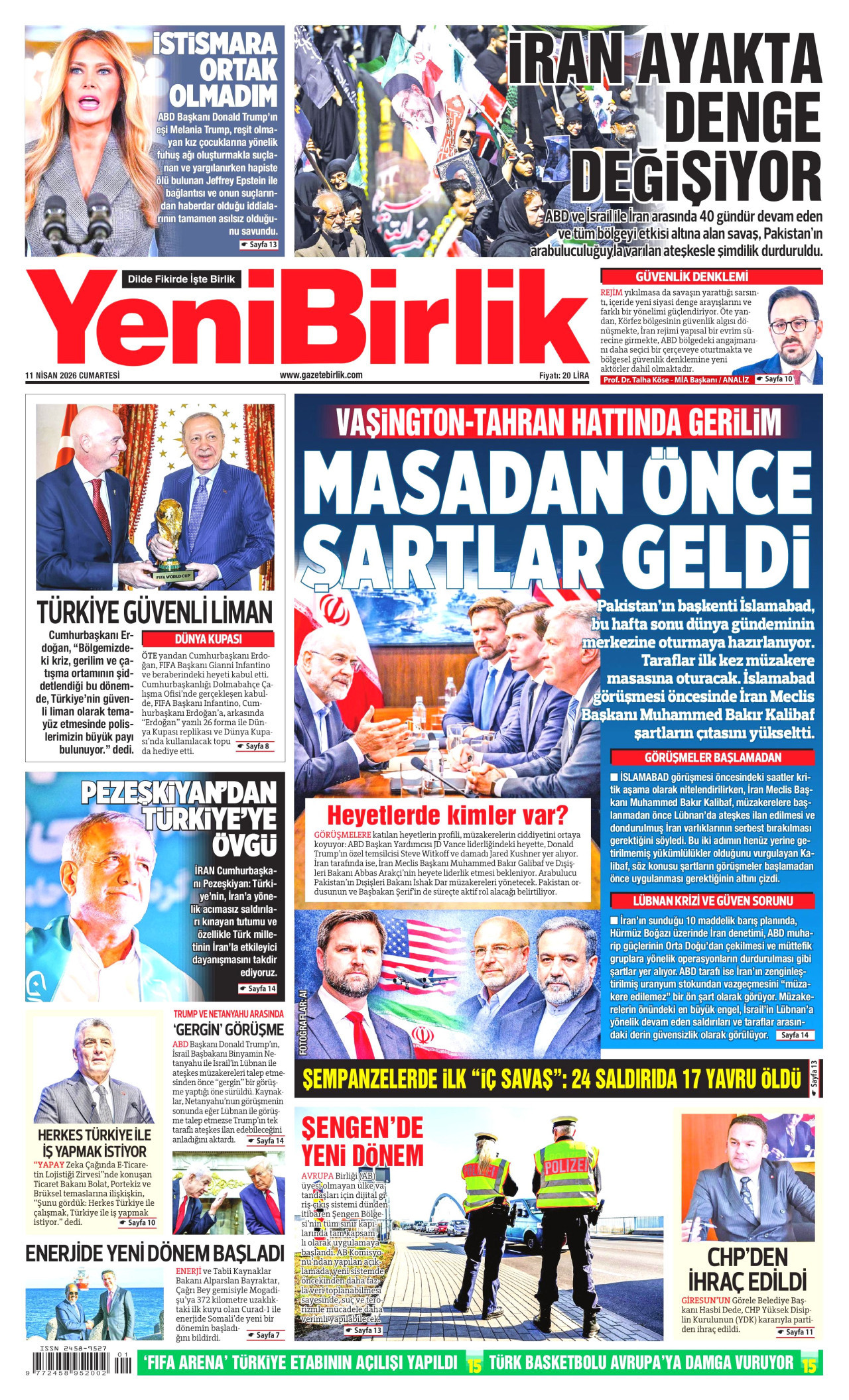 YENİBİRLİK gazetesinin 11 Nisan 2026 tarihli birinci sayfası