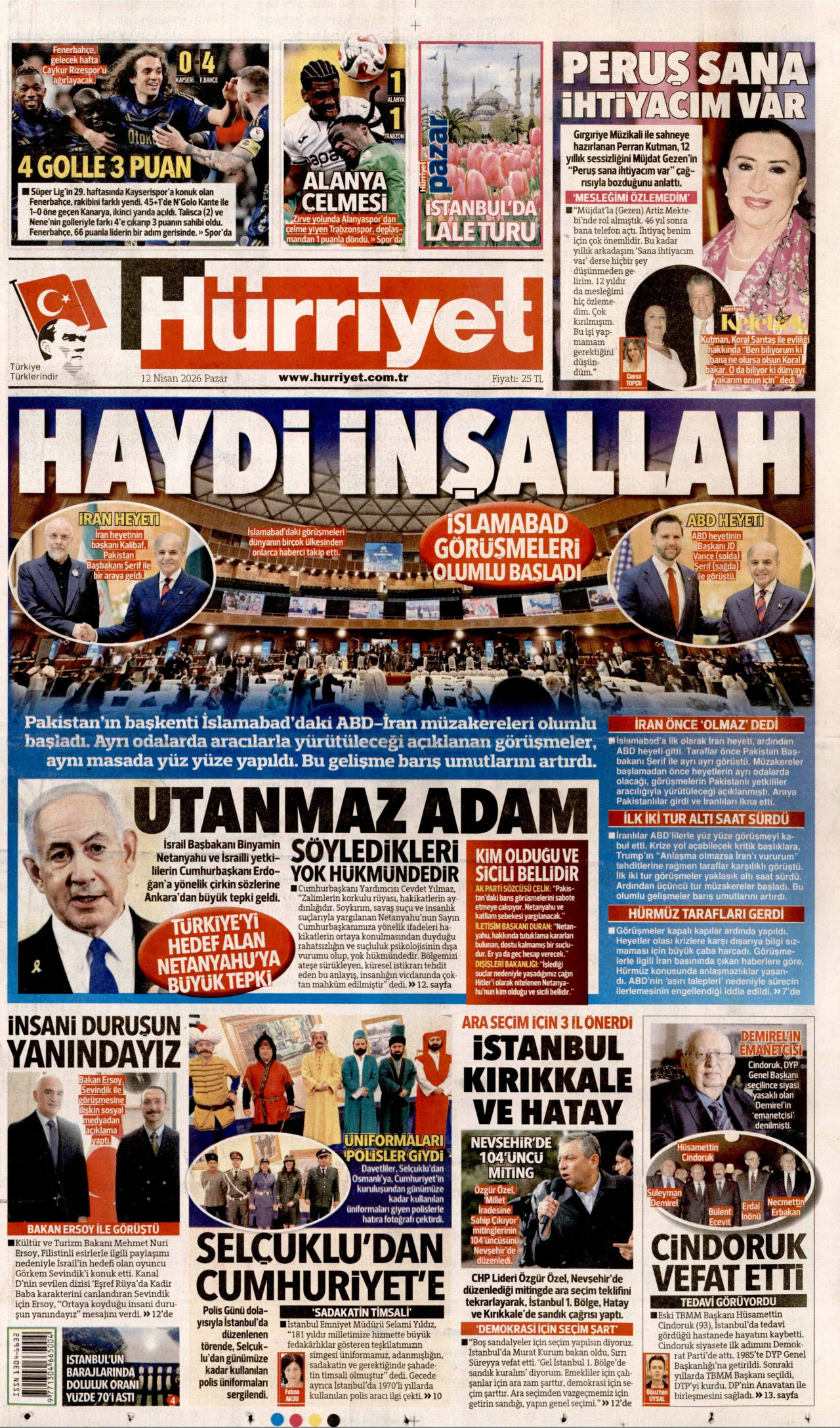HÜRRİYET gazetesinin 12 Nisan 2026 tarihli birinci sayfası