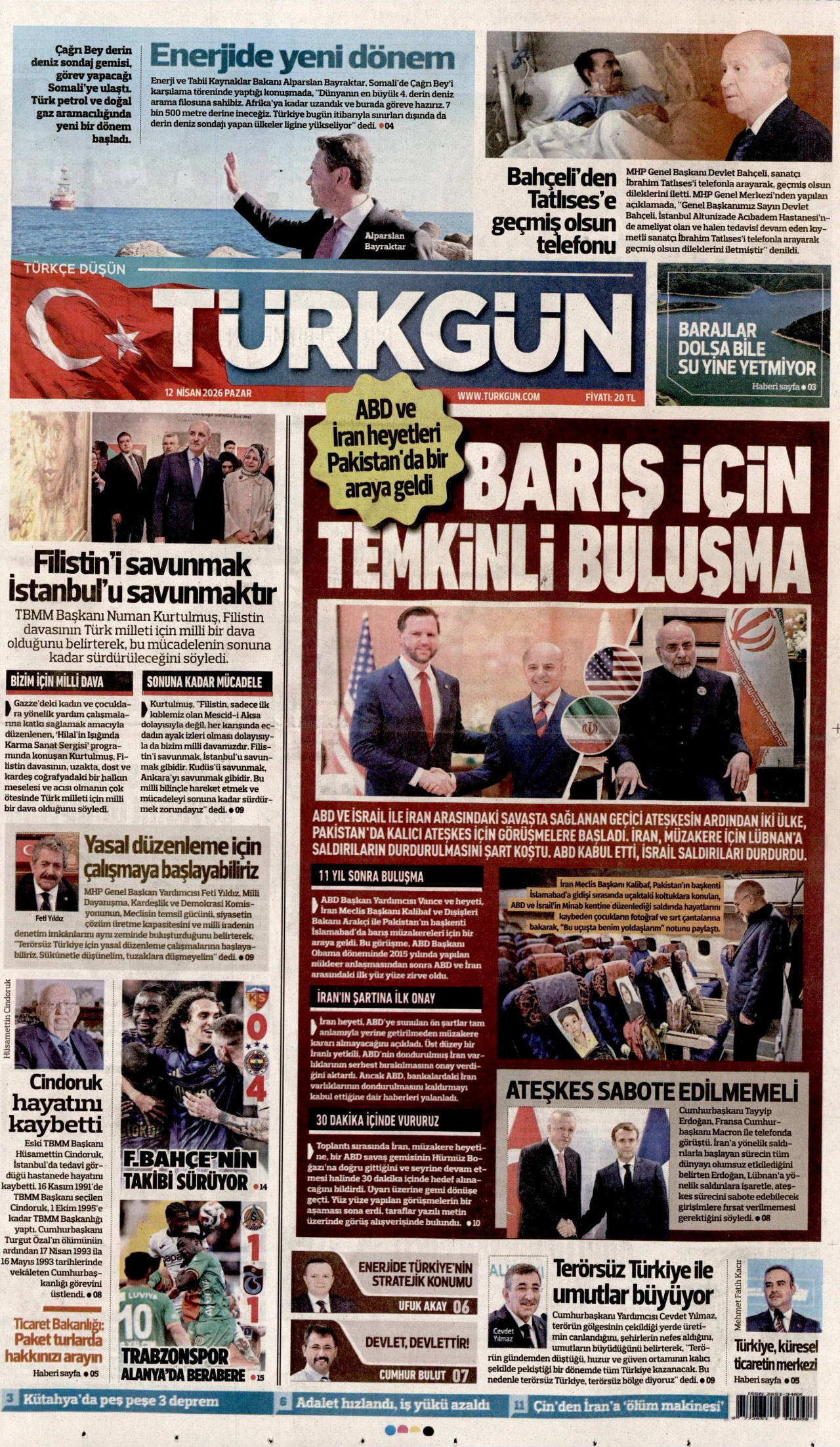 TÜRKGÜN gazetesinin 12 Nisan 2026 tarihli birinci sayfası