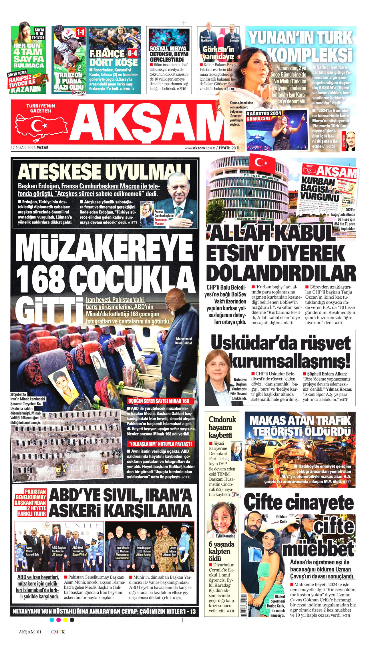 AKŞAM gazetesinin 12 Nisan 2026 tarihli birinci sayfası