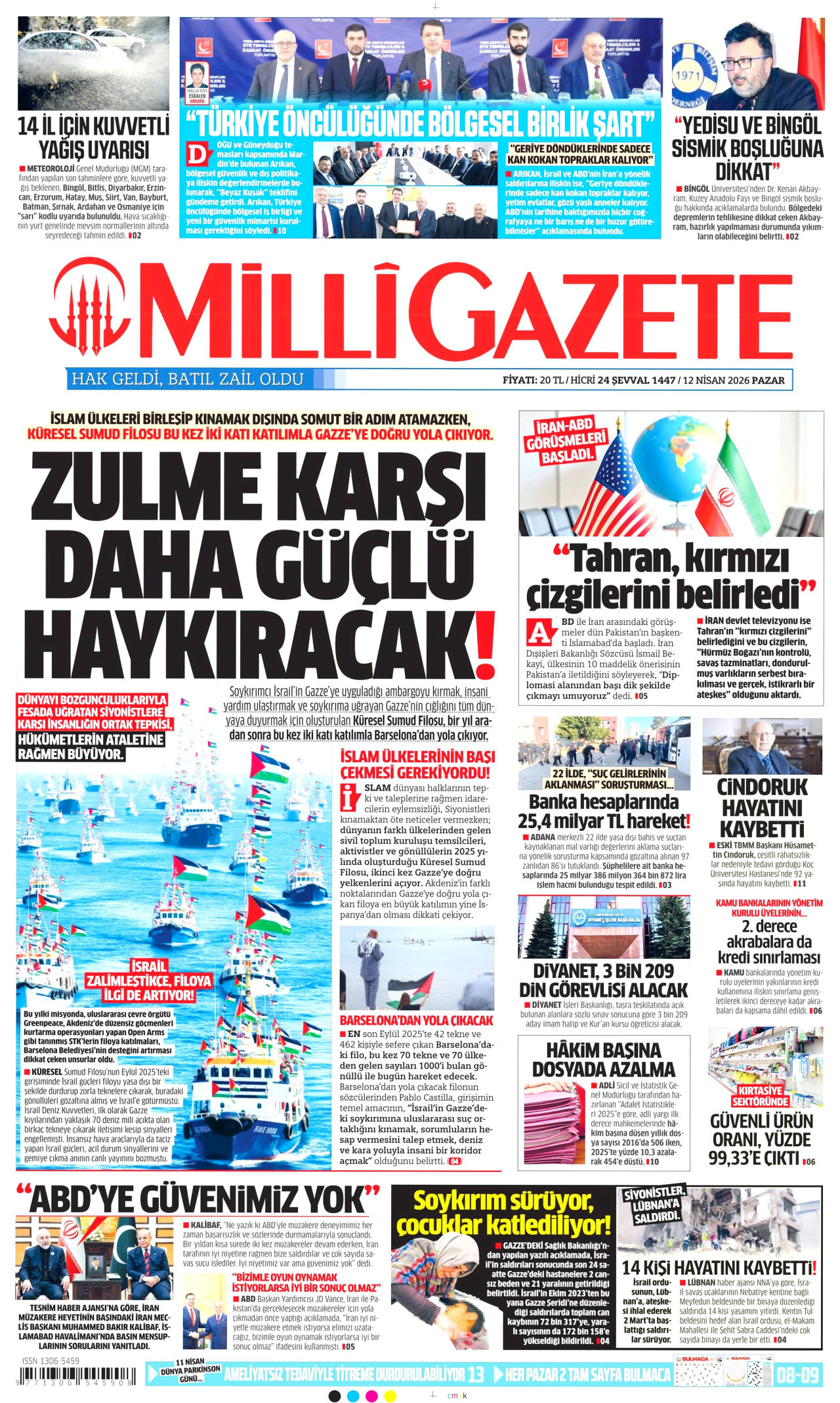 MİLLİ GAZETE gazetesinin 12 Nisan 2026 tarihli birinci sayfası