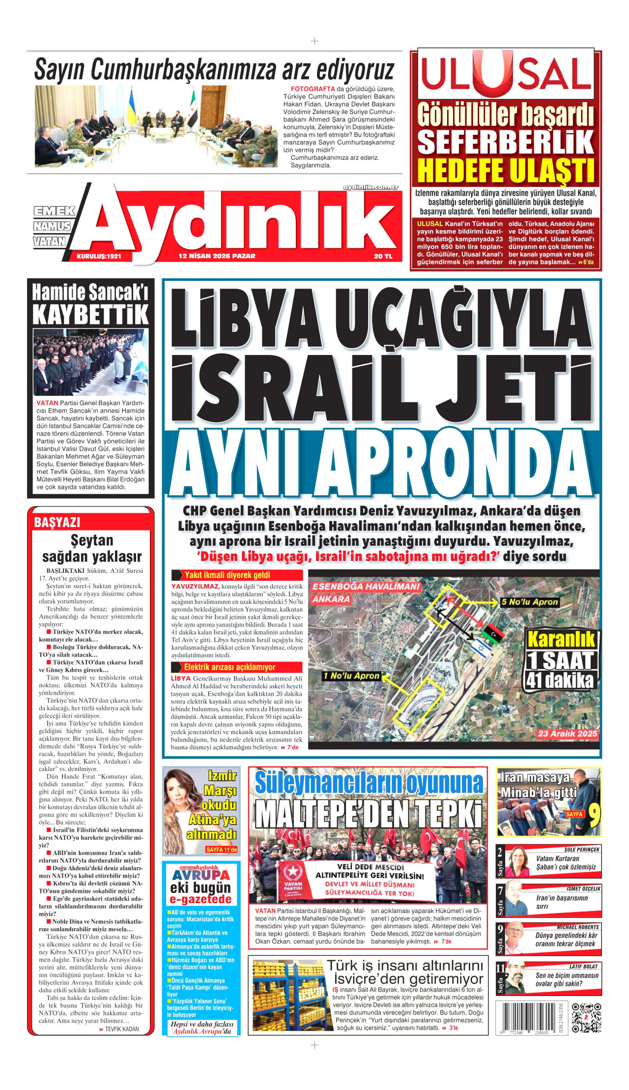 AYDINLIK GAZETESİ gazetesinin 12 Nisan 2026 tarihli birinci sayfası