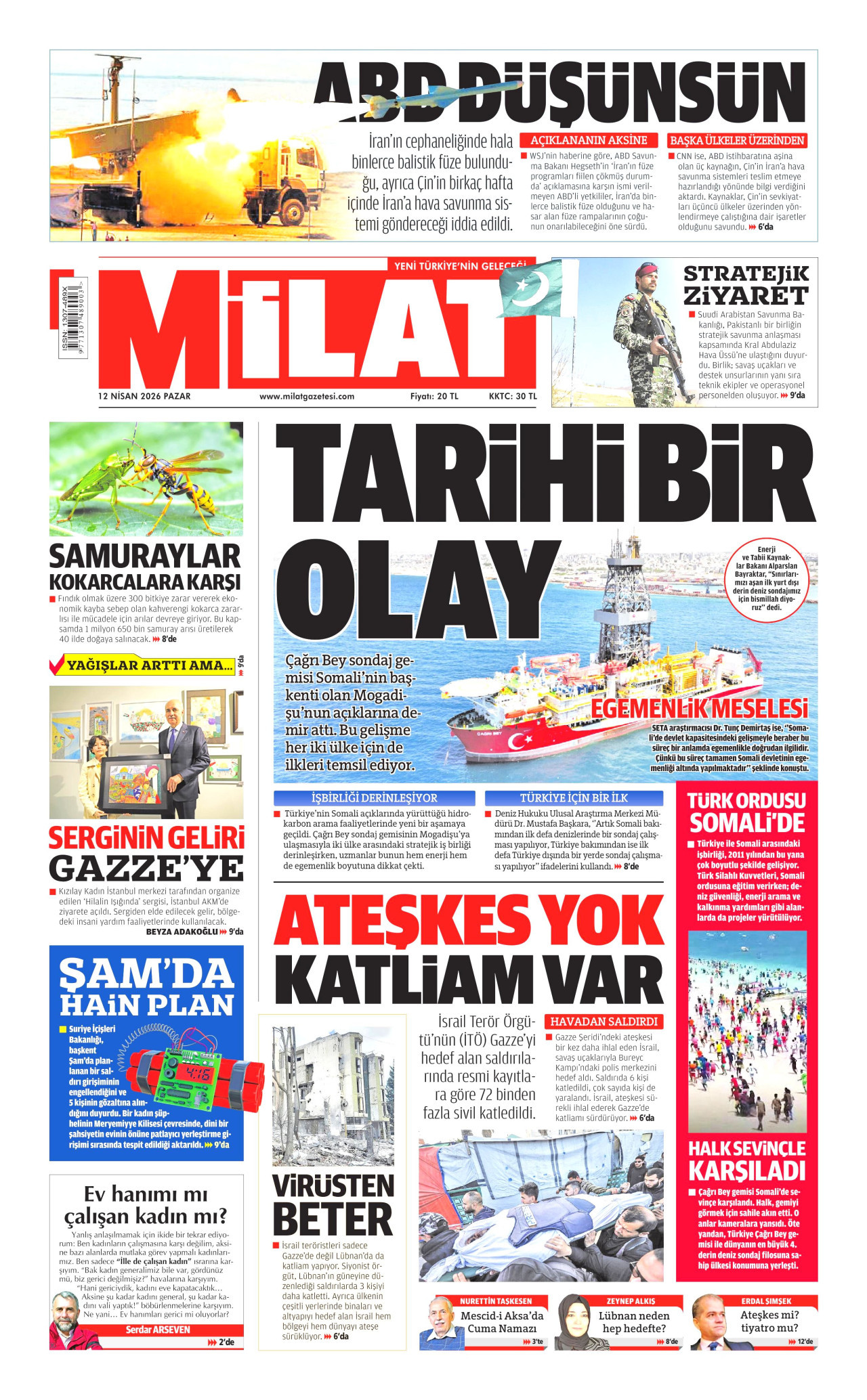 MİLAT gazetesinin 12 Nisan 2026 tarihli birinci sayfası