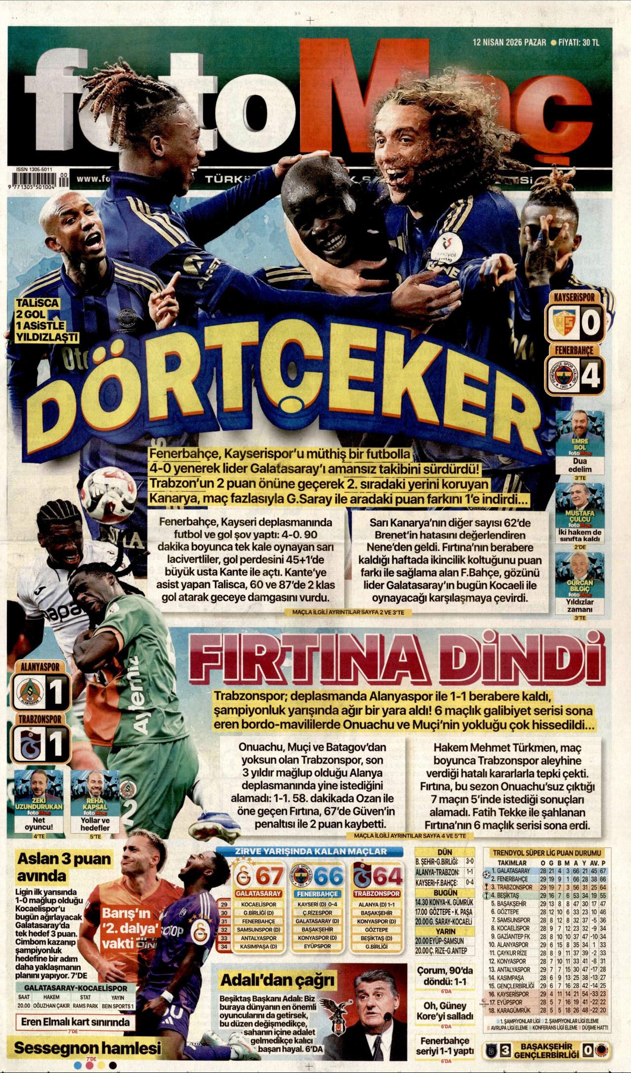 FOTOMAÇ gazetesinin 12 Nisan 2026 tarihli birinci sayfası
