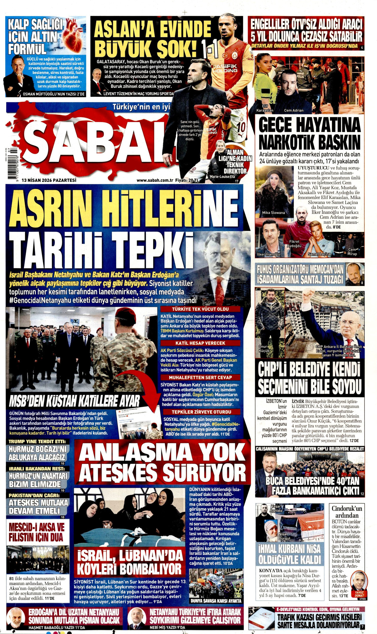 SABAH gazetesinin 13 Nisan 2026 tarihli birinci sayfası