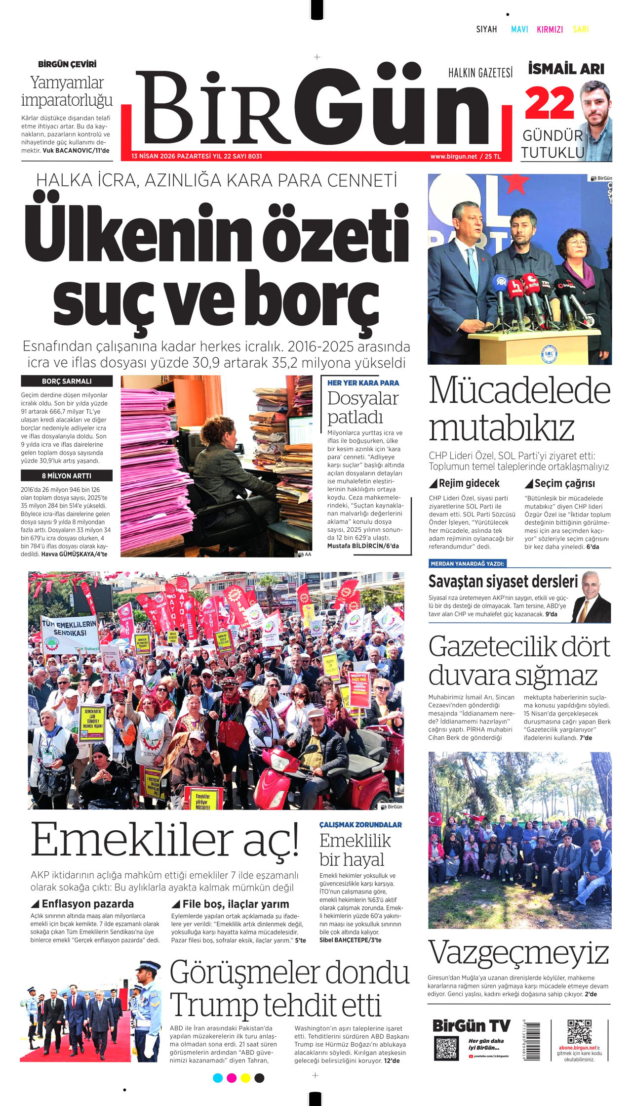 BİRGÜN gazetesinin 13 Nisan 2026 tarihli birinci sayfası