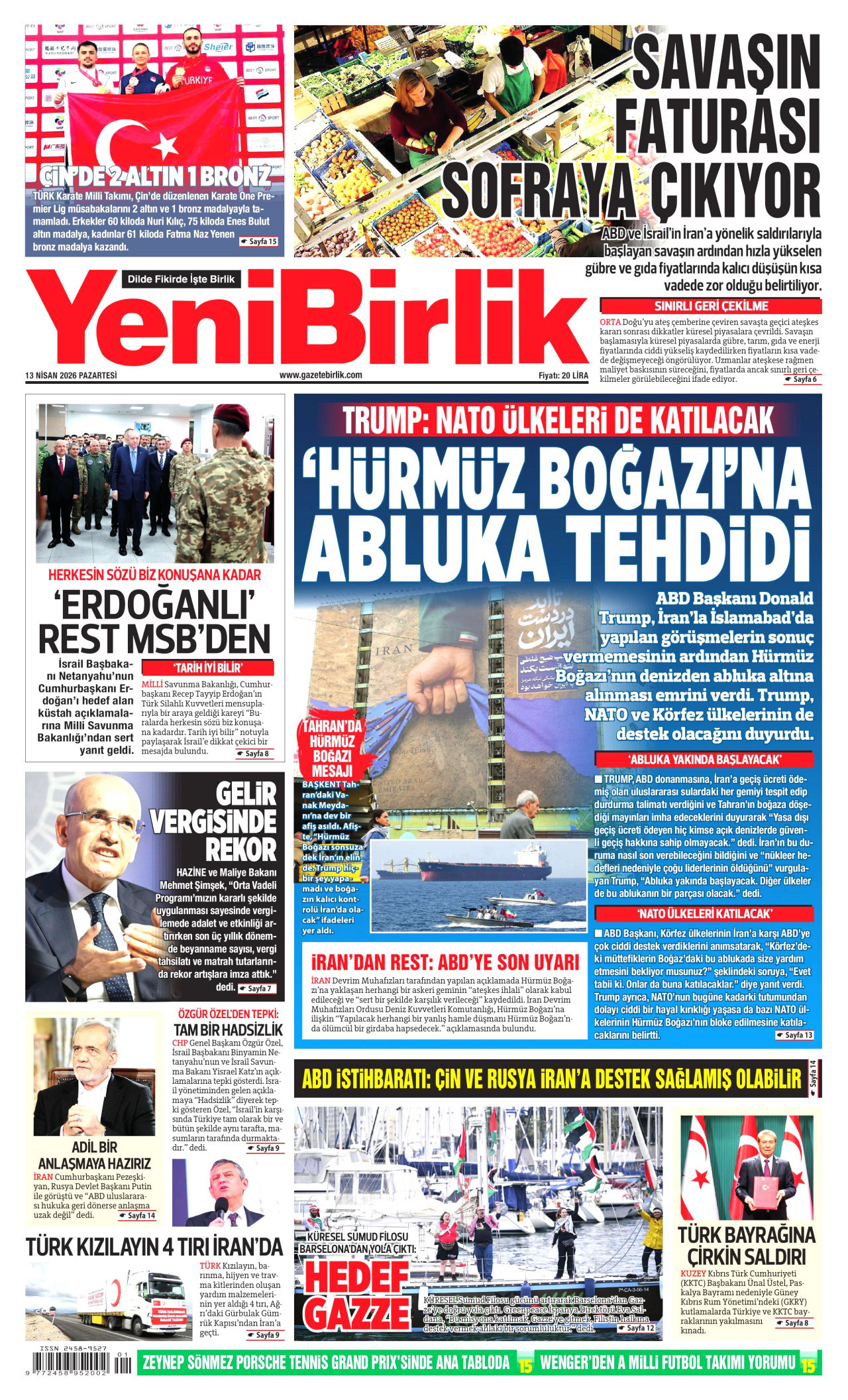 YENİBİRLİK gazetesinin 13 Nisan 2026 tarihli birinci sayfası