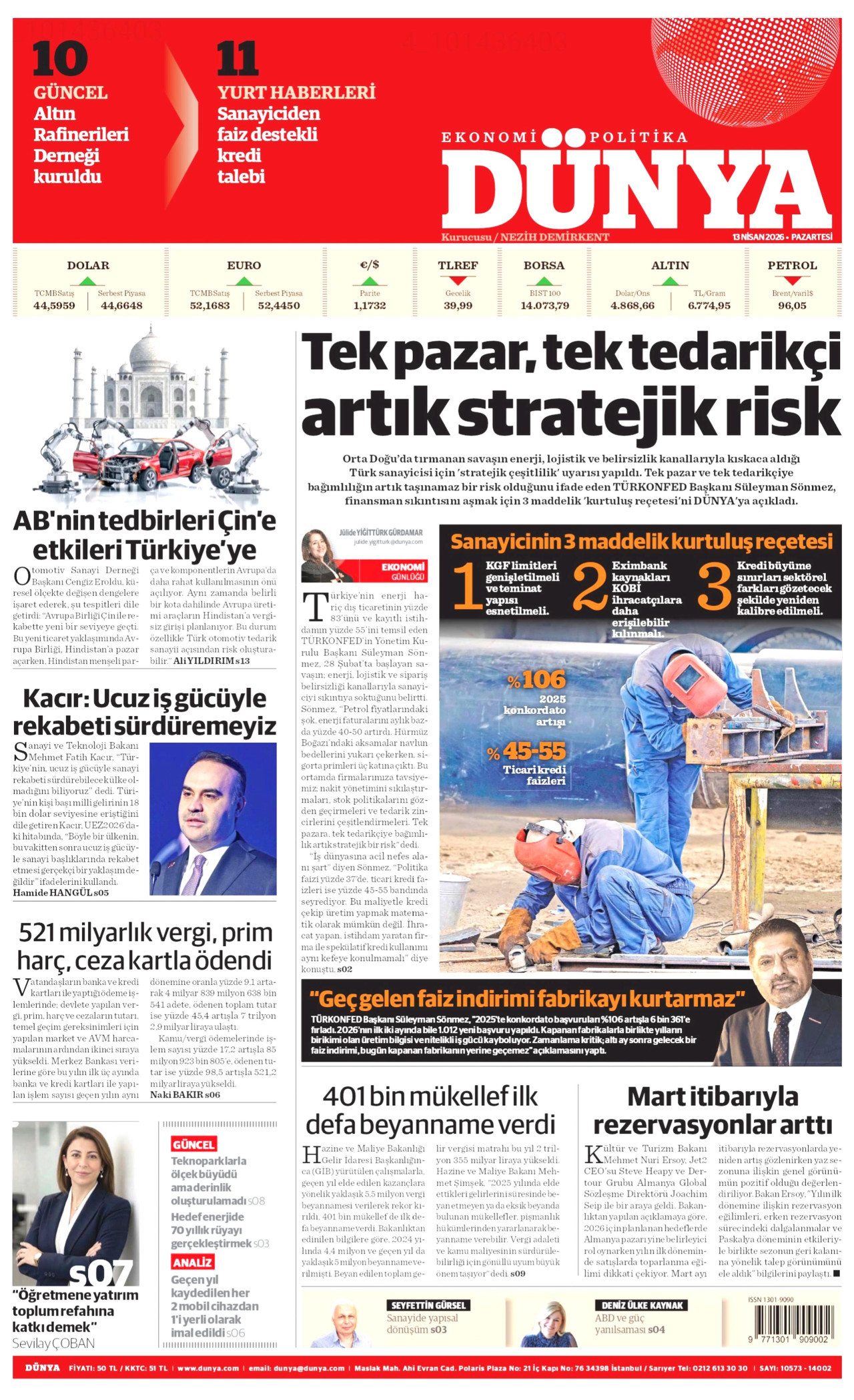 DÜNYA gazetesinin 13 Nisan 2026 tarihli birinci sayfası