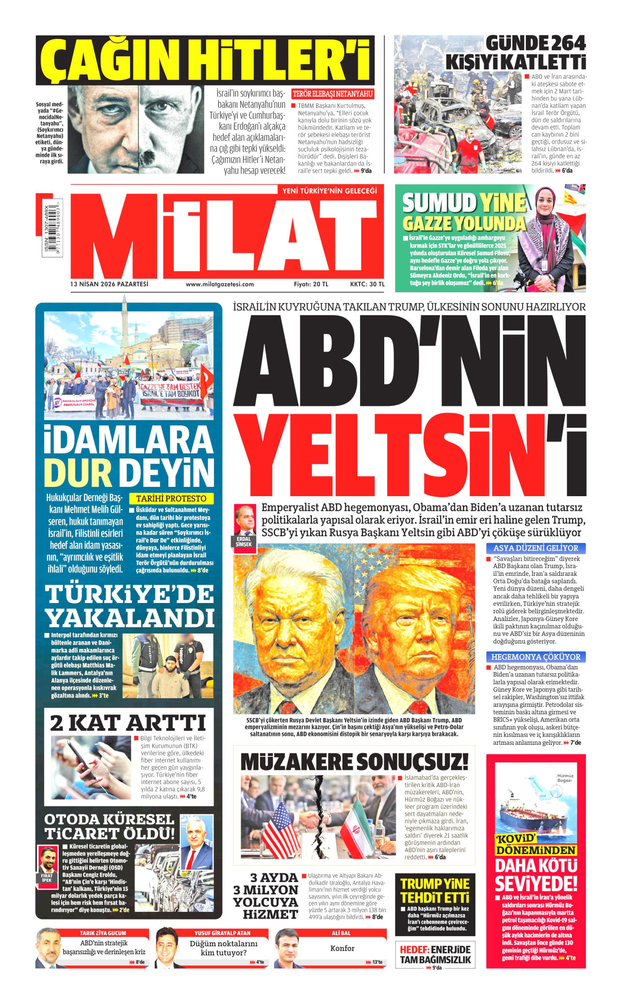 MİLAT gazetesinin 13 Nisan 2026 tarihli birinci sayfası