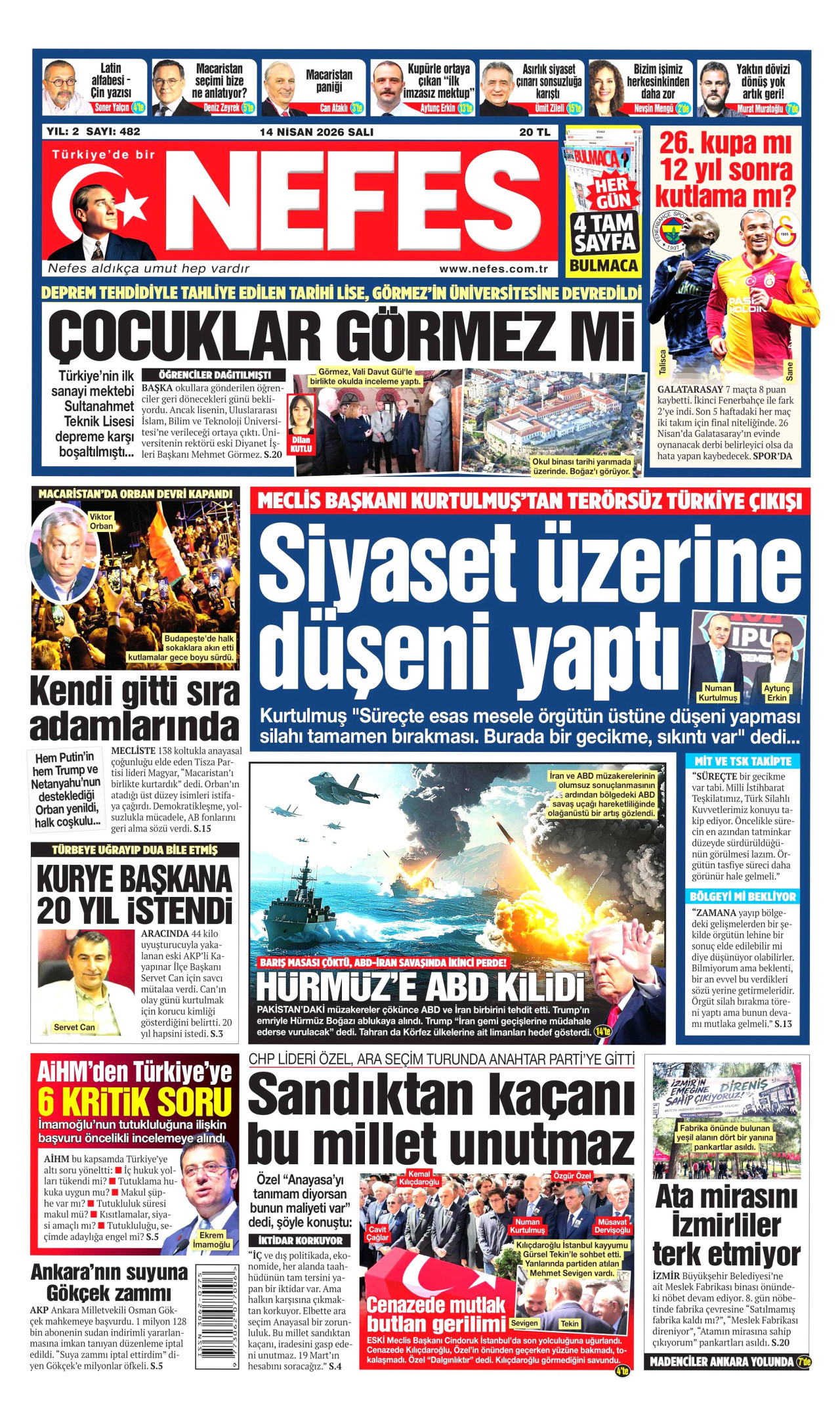 NEFES gazetesinin 14 Nisan 2026 tarihli birinci sayfası