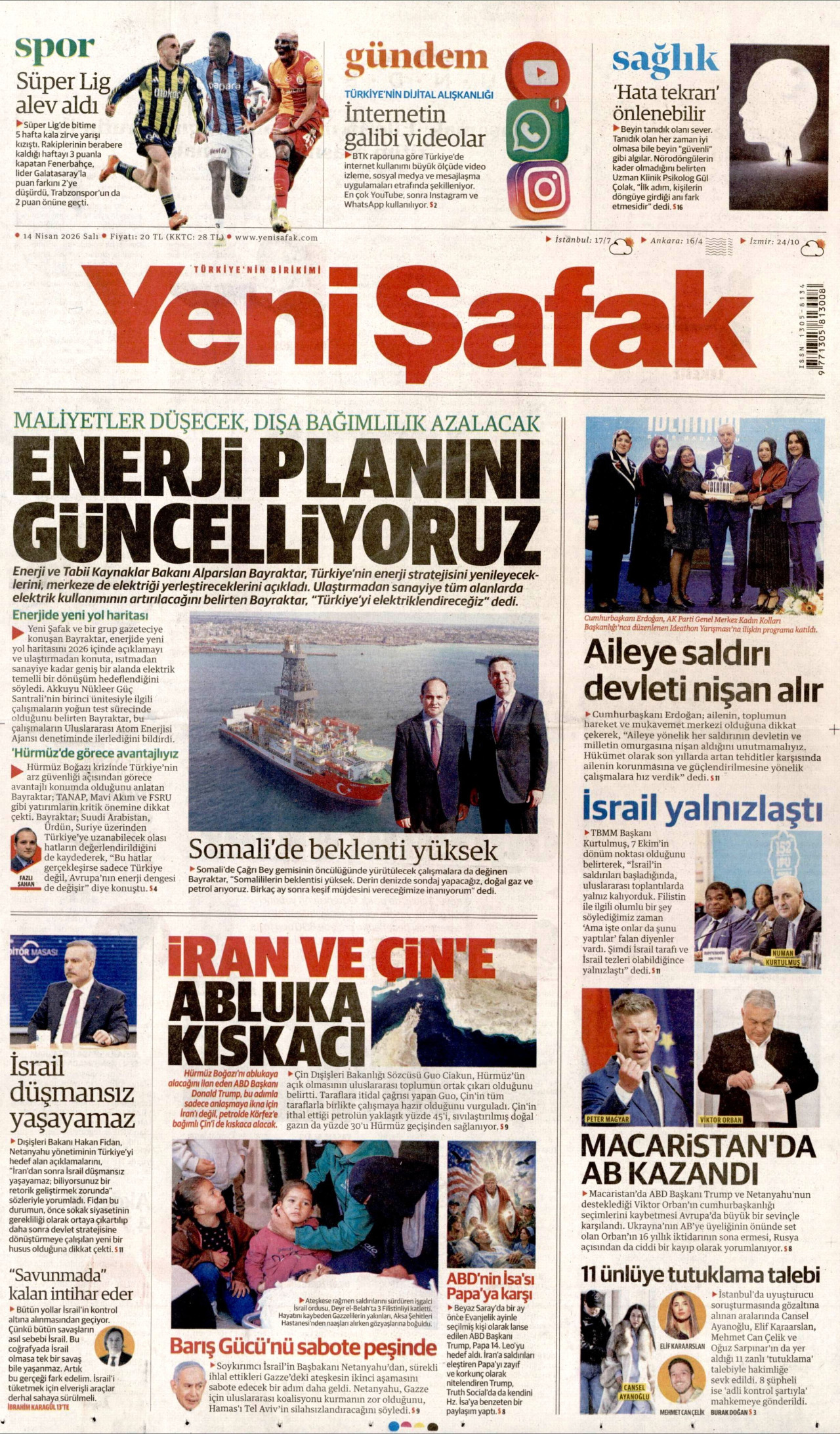 YENİ ŞAFAK gazetesinin 14 Nisan 2026 tarihli birinci sayfası