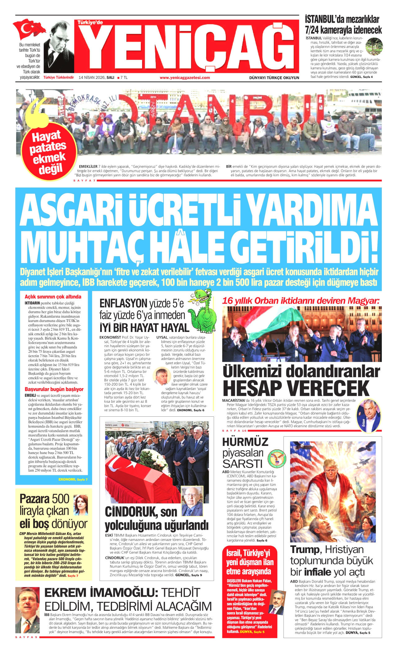 YENİÇAĞ gazetesinin 14 Nisan 2026 tarihli birinci sayfası