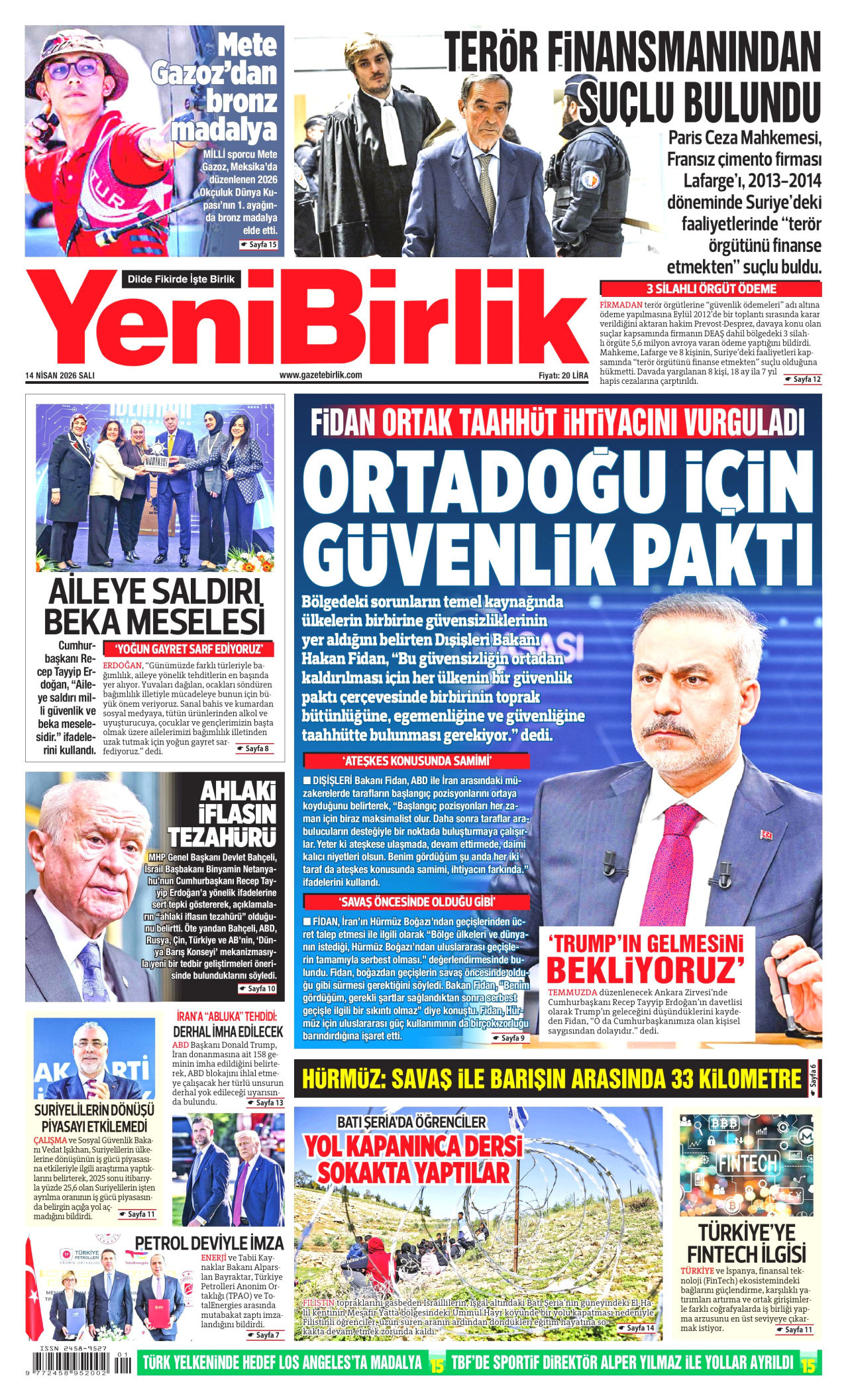 YENİBİRLİK gazetesinin 14 Nisan 2026 tarihli birinci sayfası