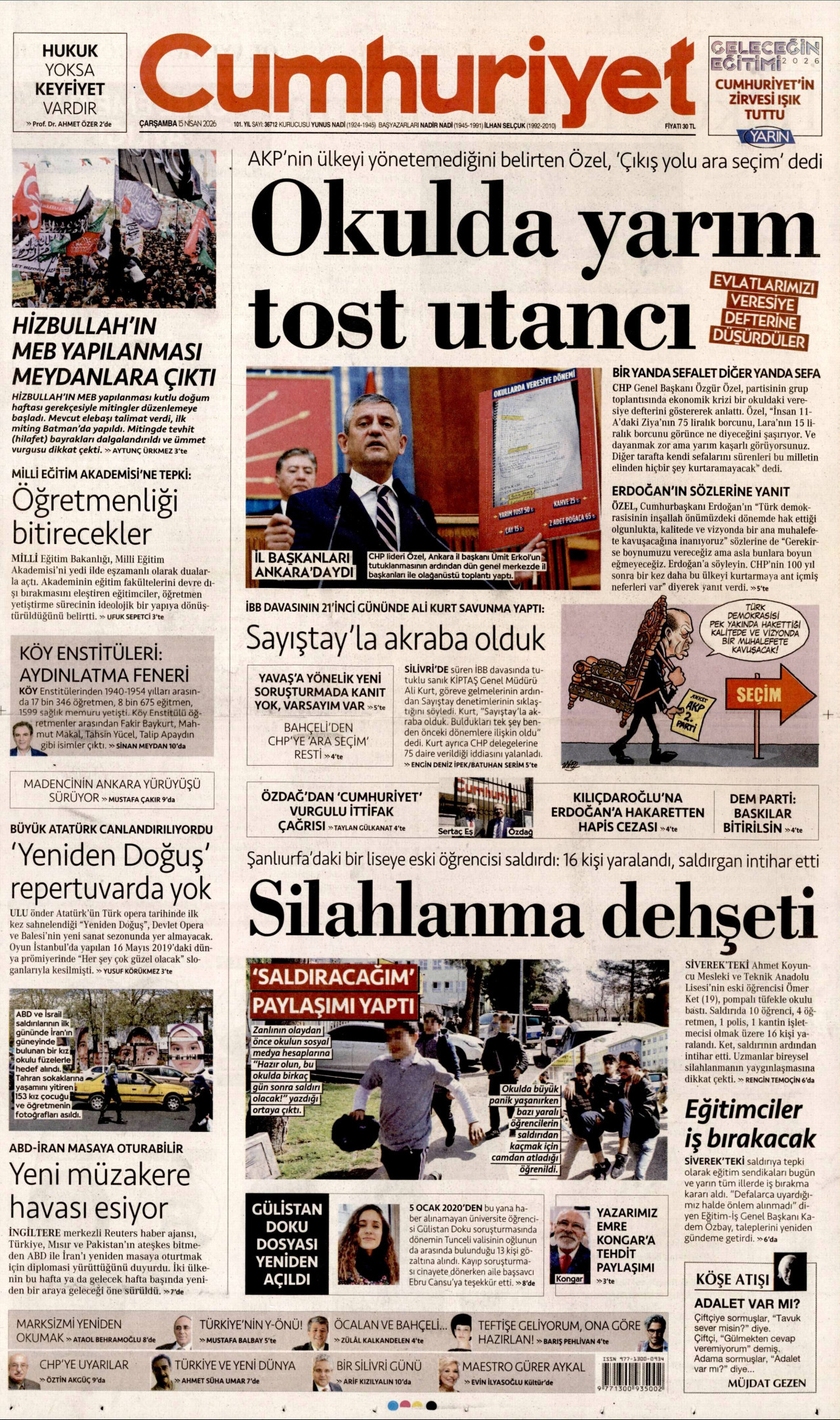 CUMHURİYET gazetesinin 15 Nisan 2026 tarihli birinci sayfası