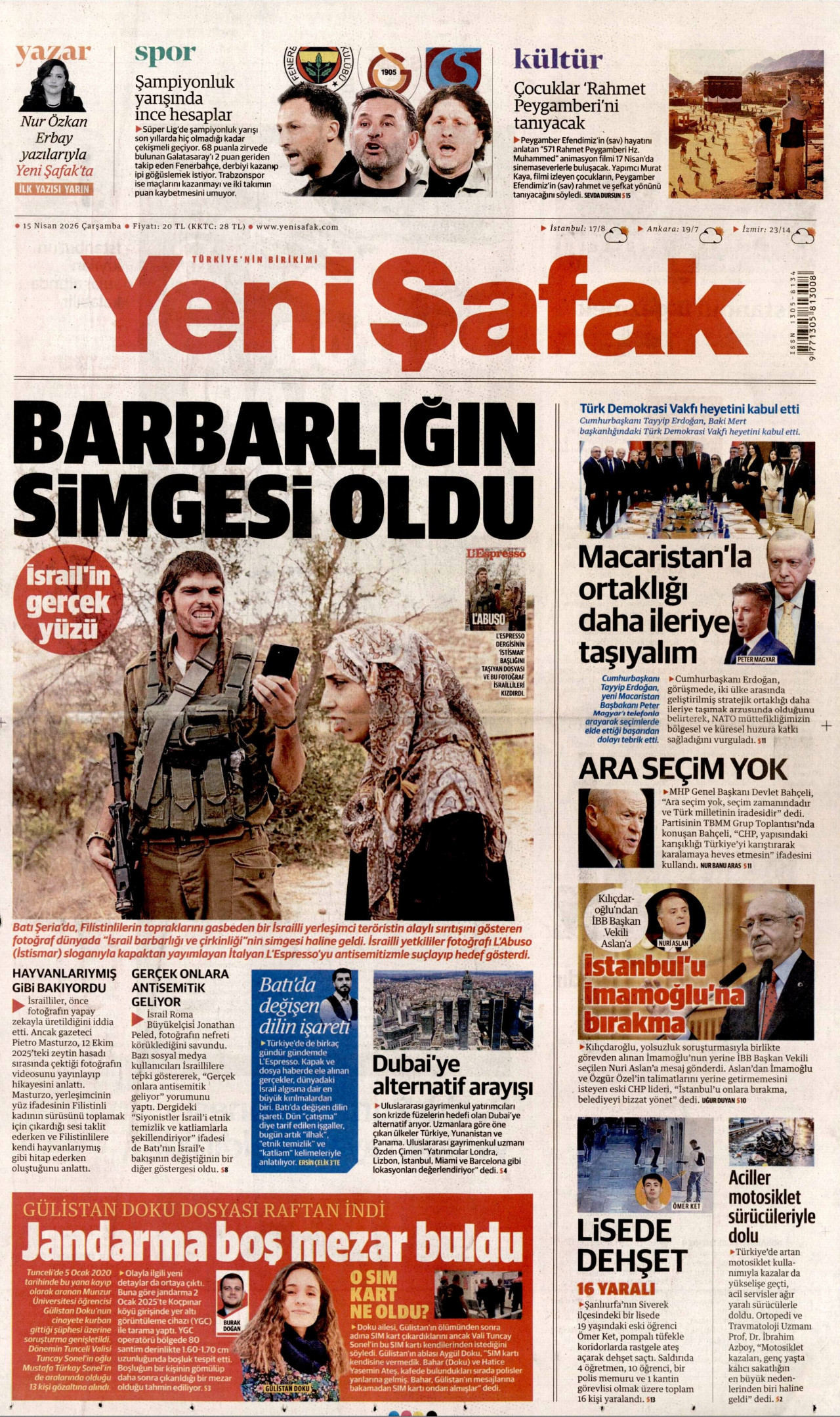 YENİ ŞAFAK gazetesinin 15 Nisan 2026 tarihli birinci sayfası