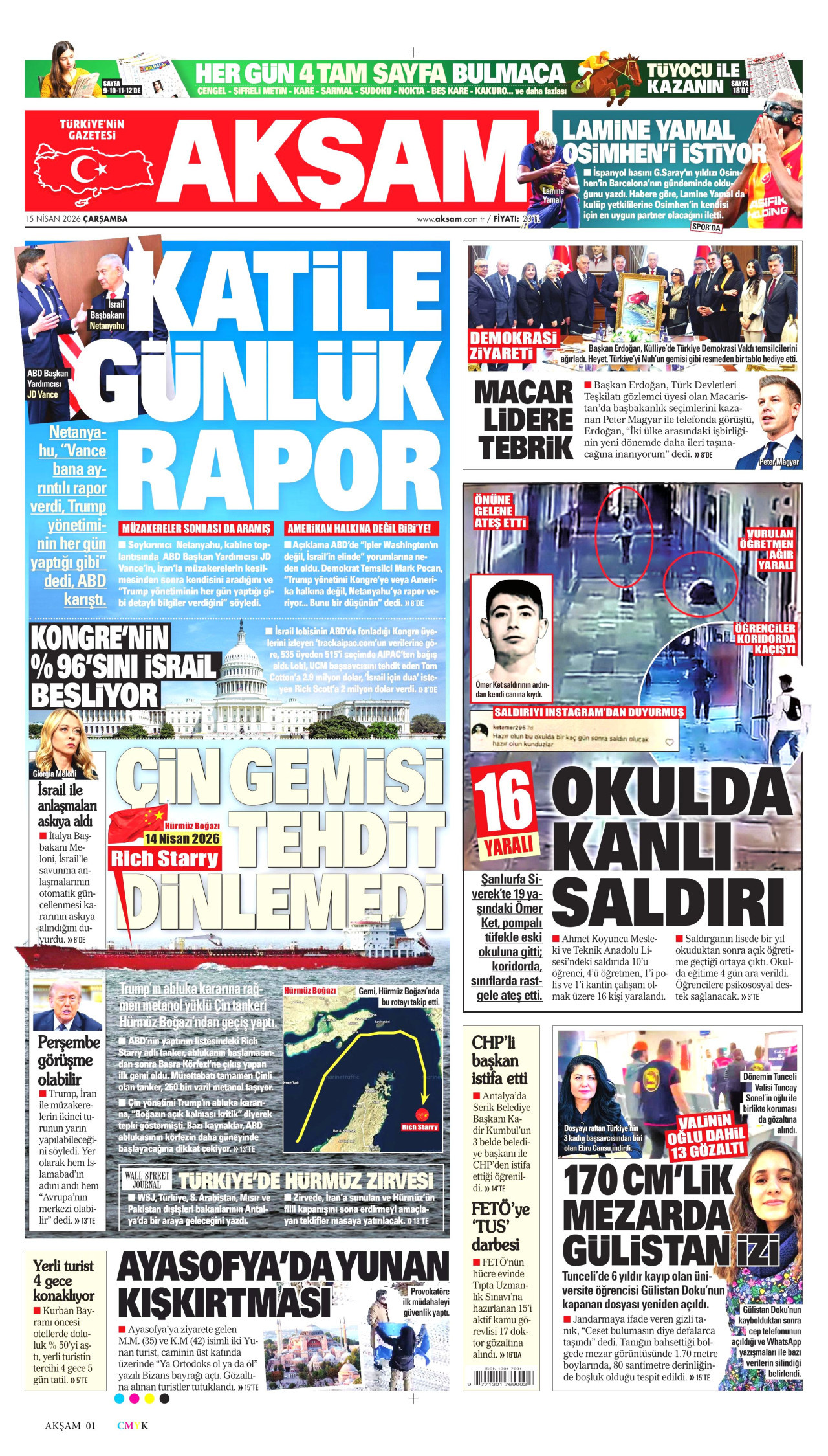 AKŞAM gazetesinin 15 Nisan 2026 tarihli birinci sayfası