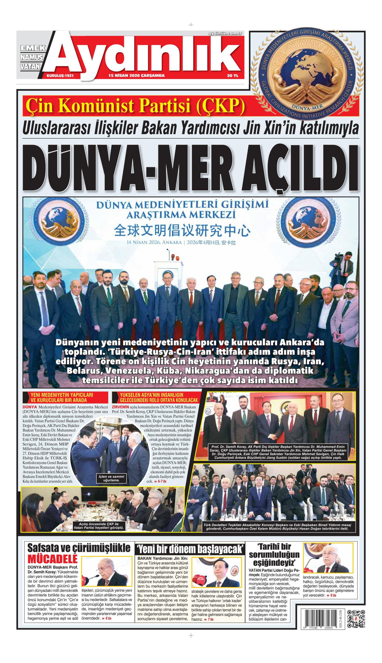 AYDINLIK GAZETESİ gazetesinin 15 Nisan 2026 tarihli birinci sayfası
