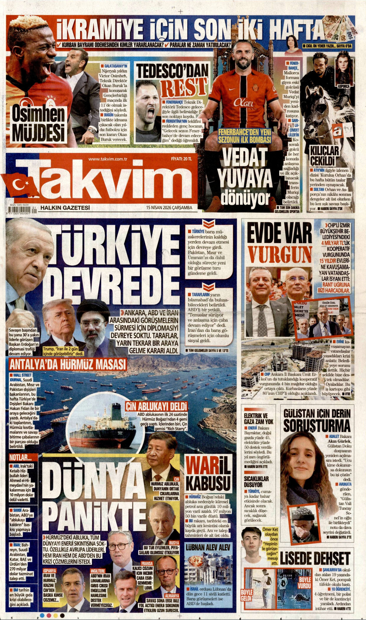 TAKVİM gazetesinin 15 Nisan 2026 tarihli birinci sayfası