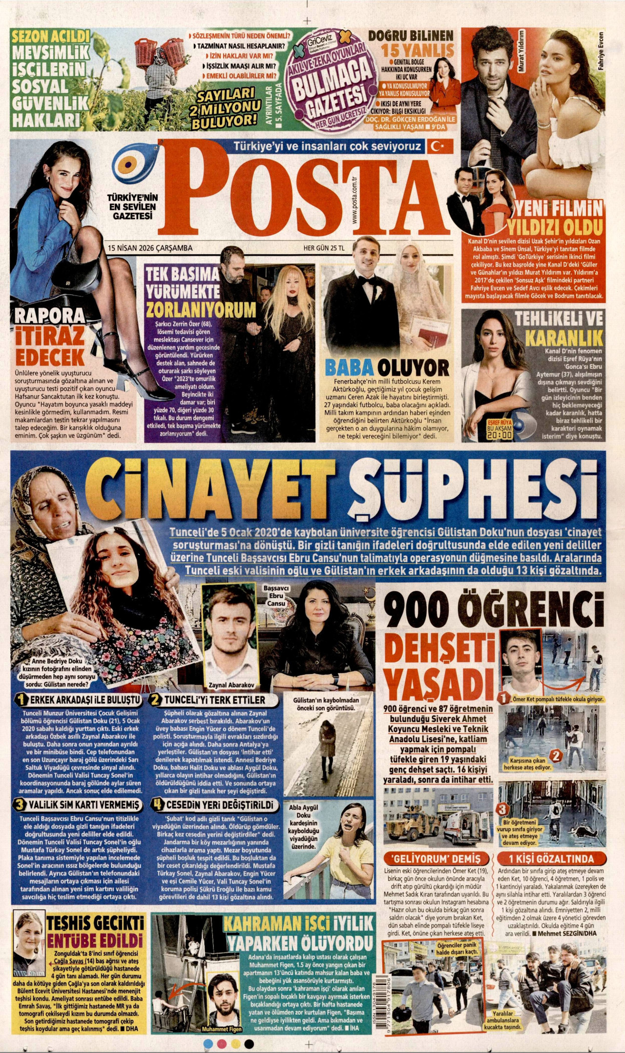 POSTA gazetesinin 15 Nisan 2026 tarihli birinci sayfası