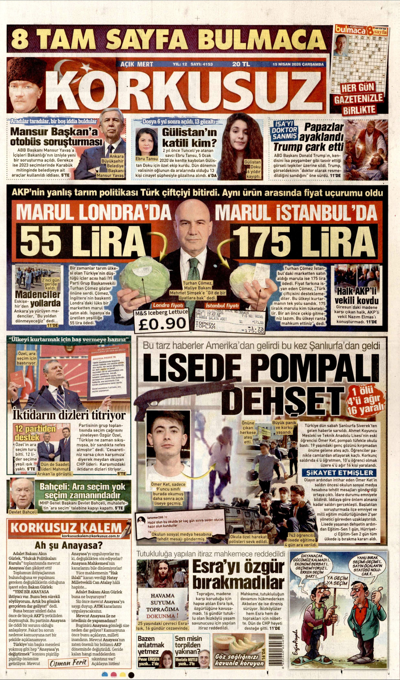 KORKUSUZ gazetesinin 15 Nisan 2026 tarihli birinci sayfası