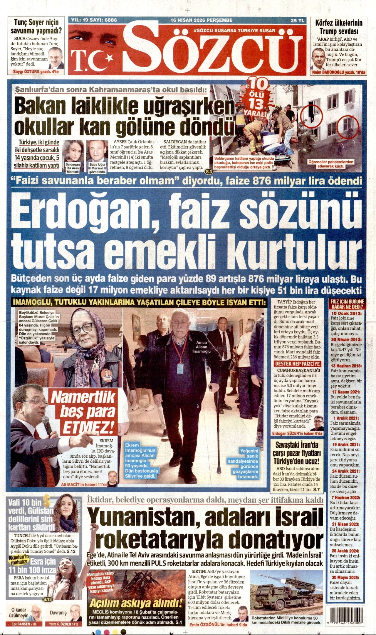 SÖZCÜ gazetesinin 16 Nisan 2026 tarihli birinci sayfası