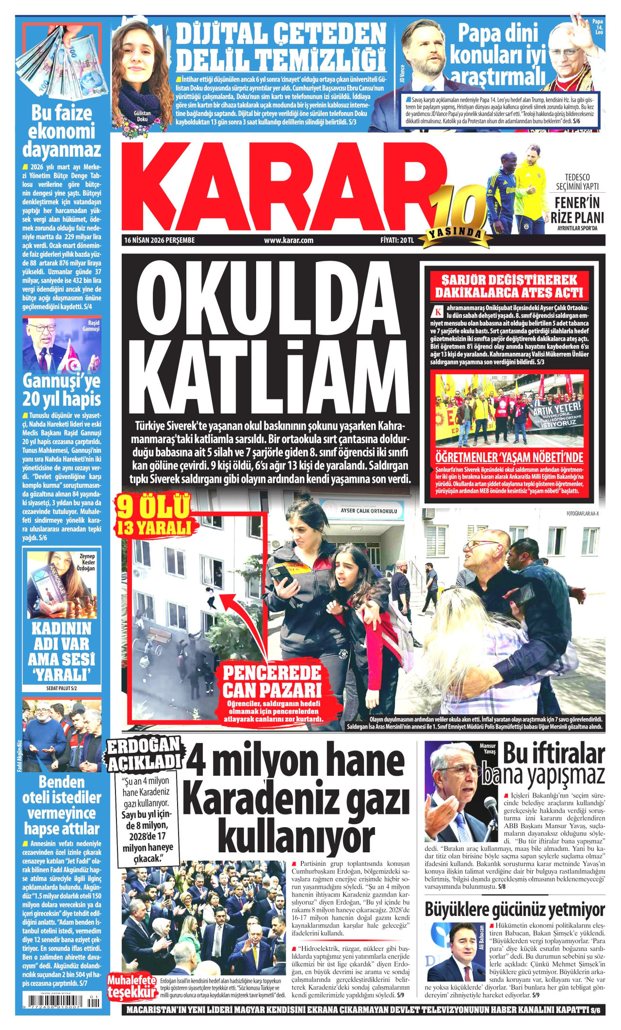 KARAR gazetesinin 16 Nisan 2026 tarihli birinci sayfası