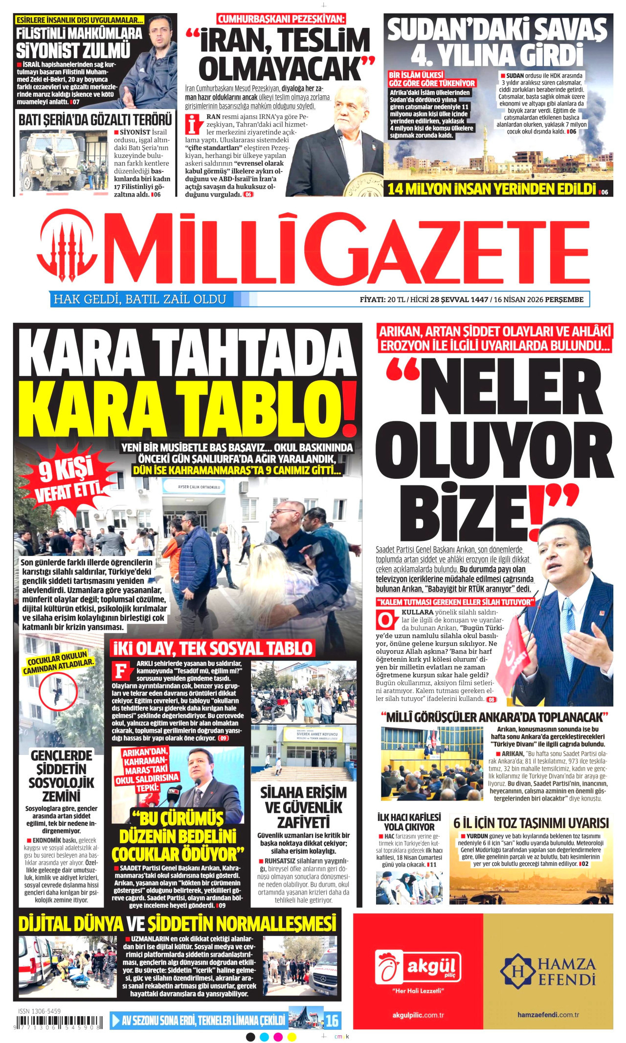 MİLLİ GAZETE gazetesinin 16 Nisan 2026 tarihli birinci sayfası