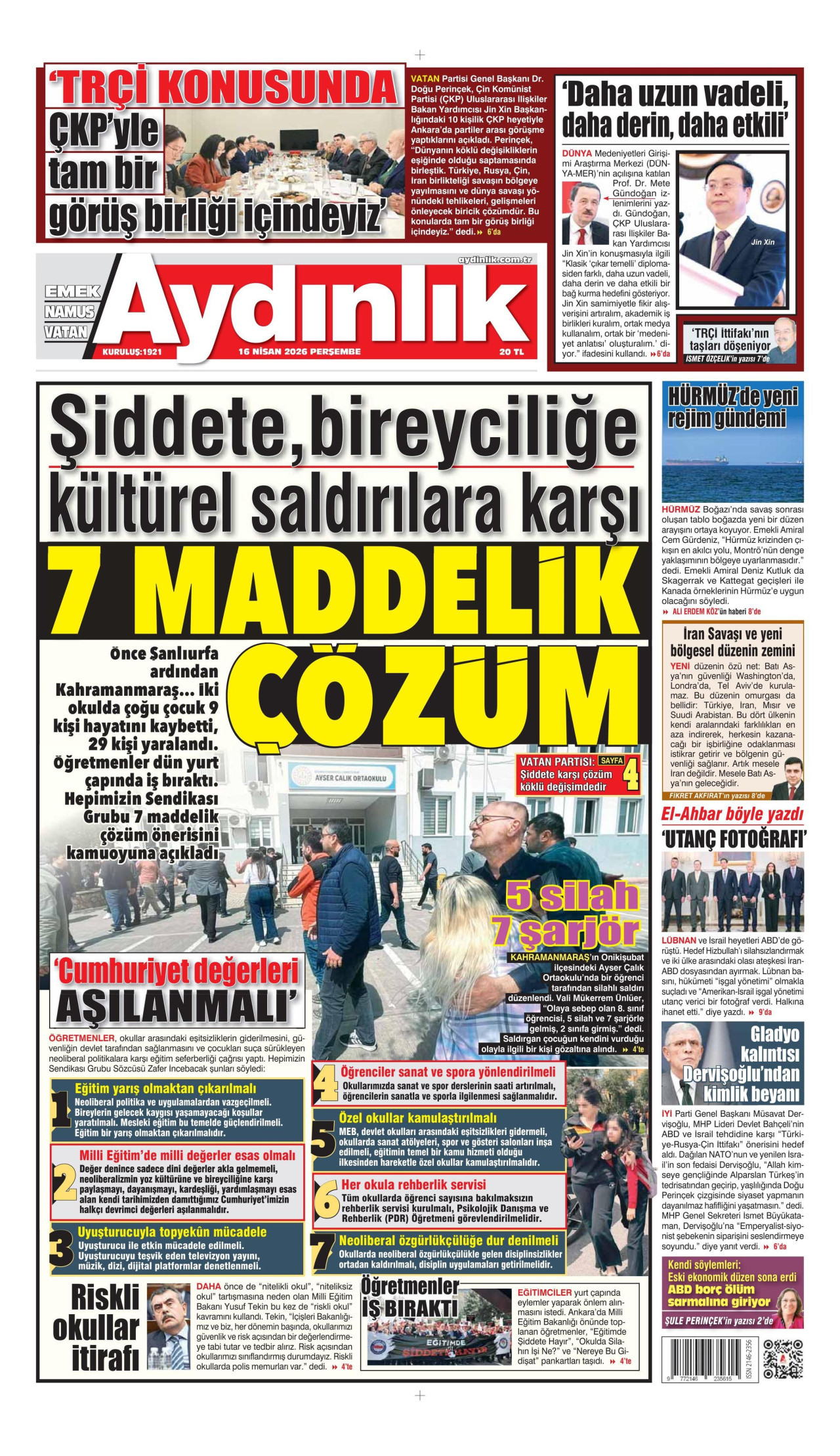 AYDINLIK GAZETESİ gazetesinin 16 Nisan 2026 tarihli birinci sayfası