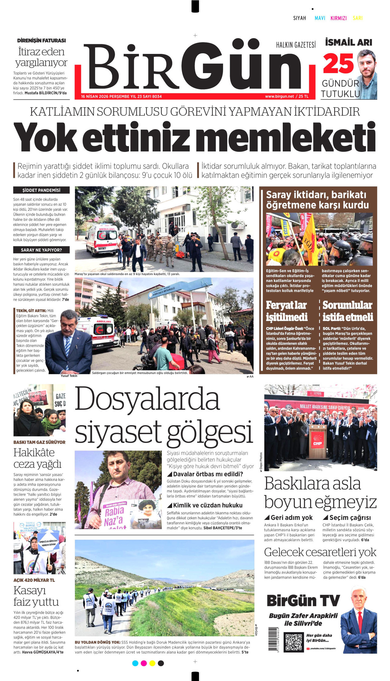 BİRGÜN gazetesinin 16 Nisan 2026 tarihli birinci sayfası